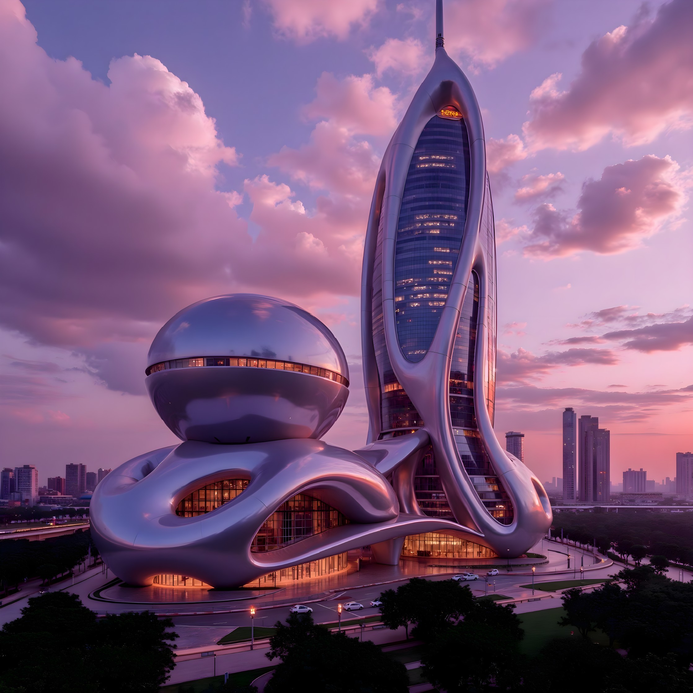 Futuristic Architectural Marvel Against Vibrant Sunset