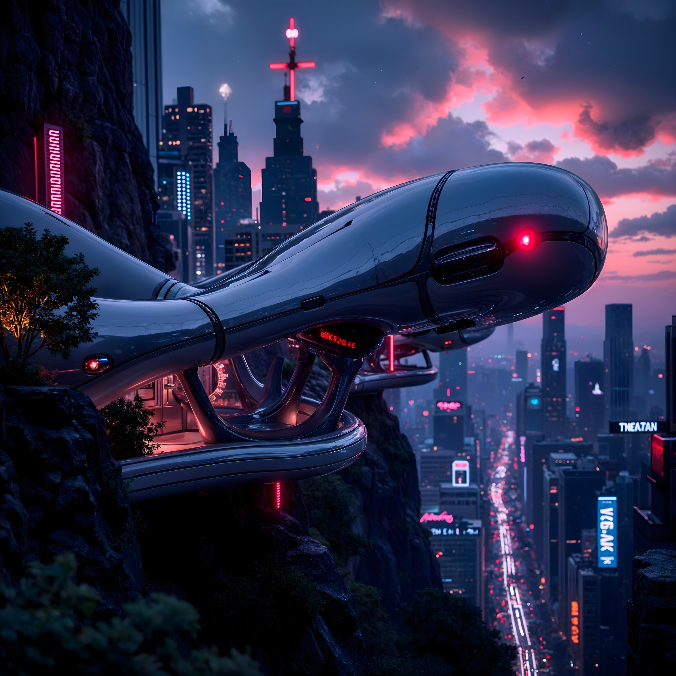 Futuristic cityscape with neon lights at dusk