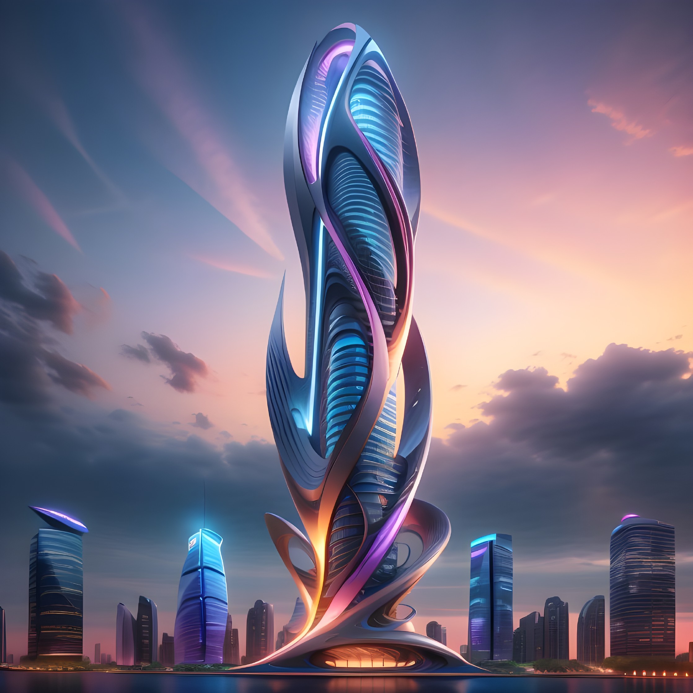 Futuristic Skyscraper with Twisting Design at Sunset