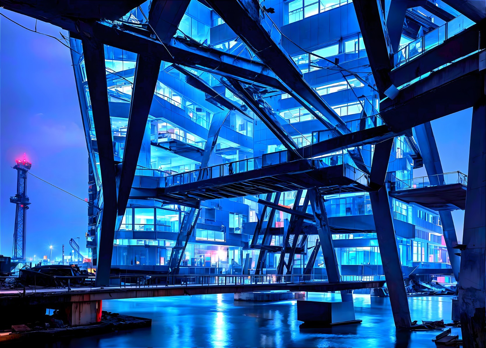 Modern Architectural Structure Over Water at Twilight