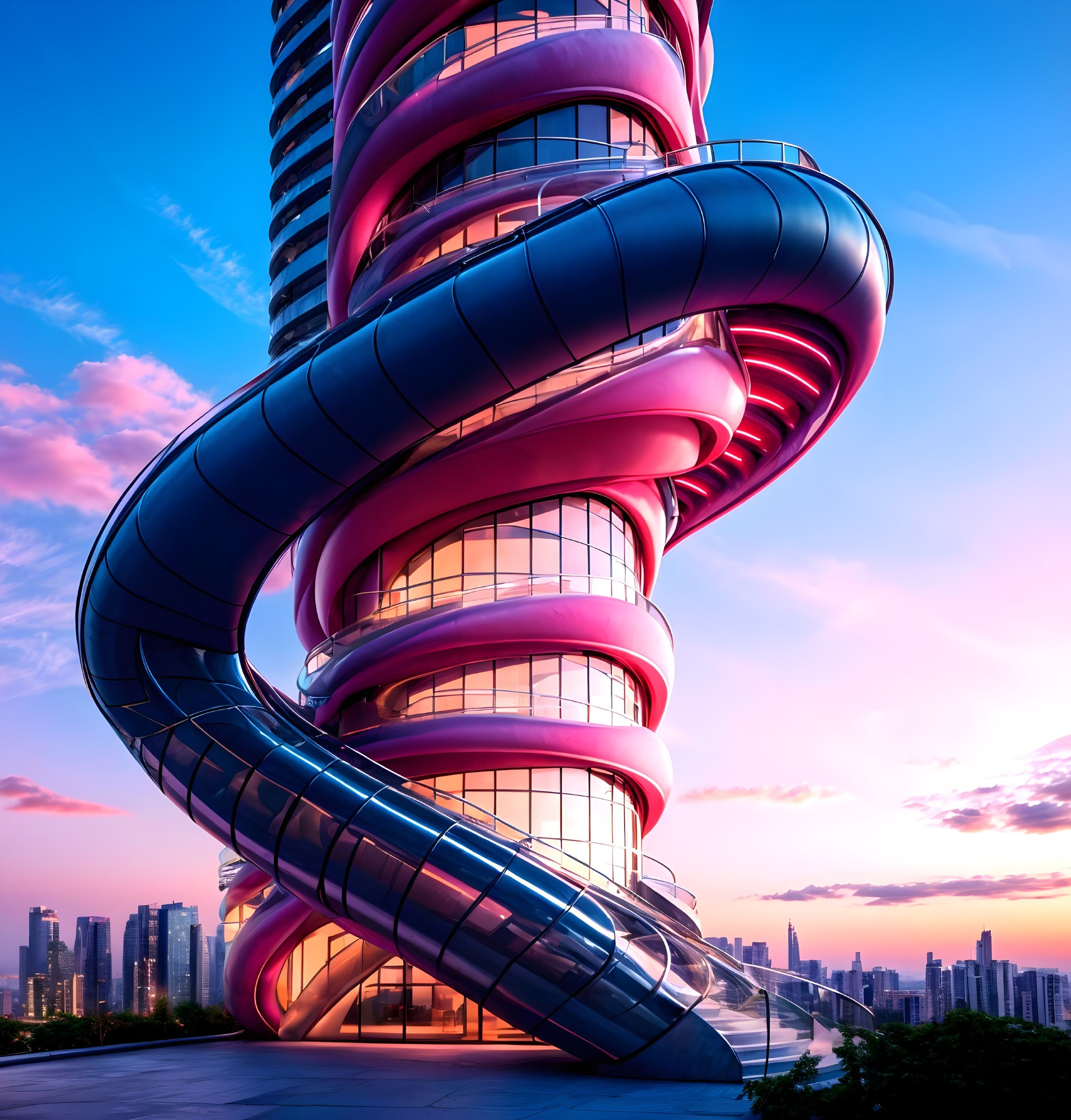 Futuristic Twisting Skyscraper in Pink and Silver