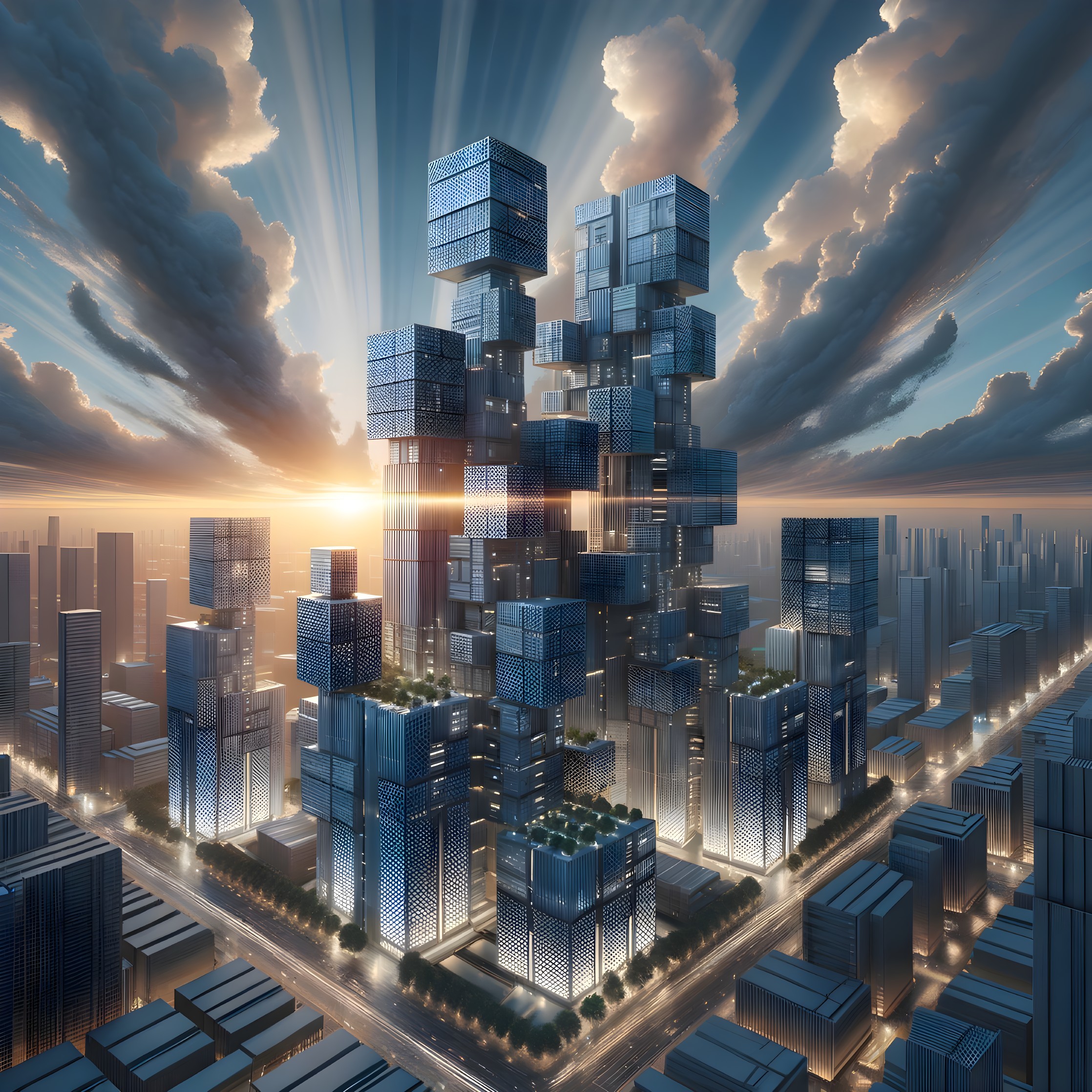 Futuristic Cityscape with Angular Skyscrapers at Sunset
