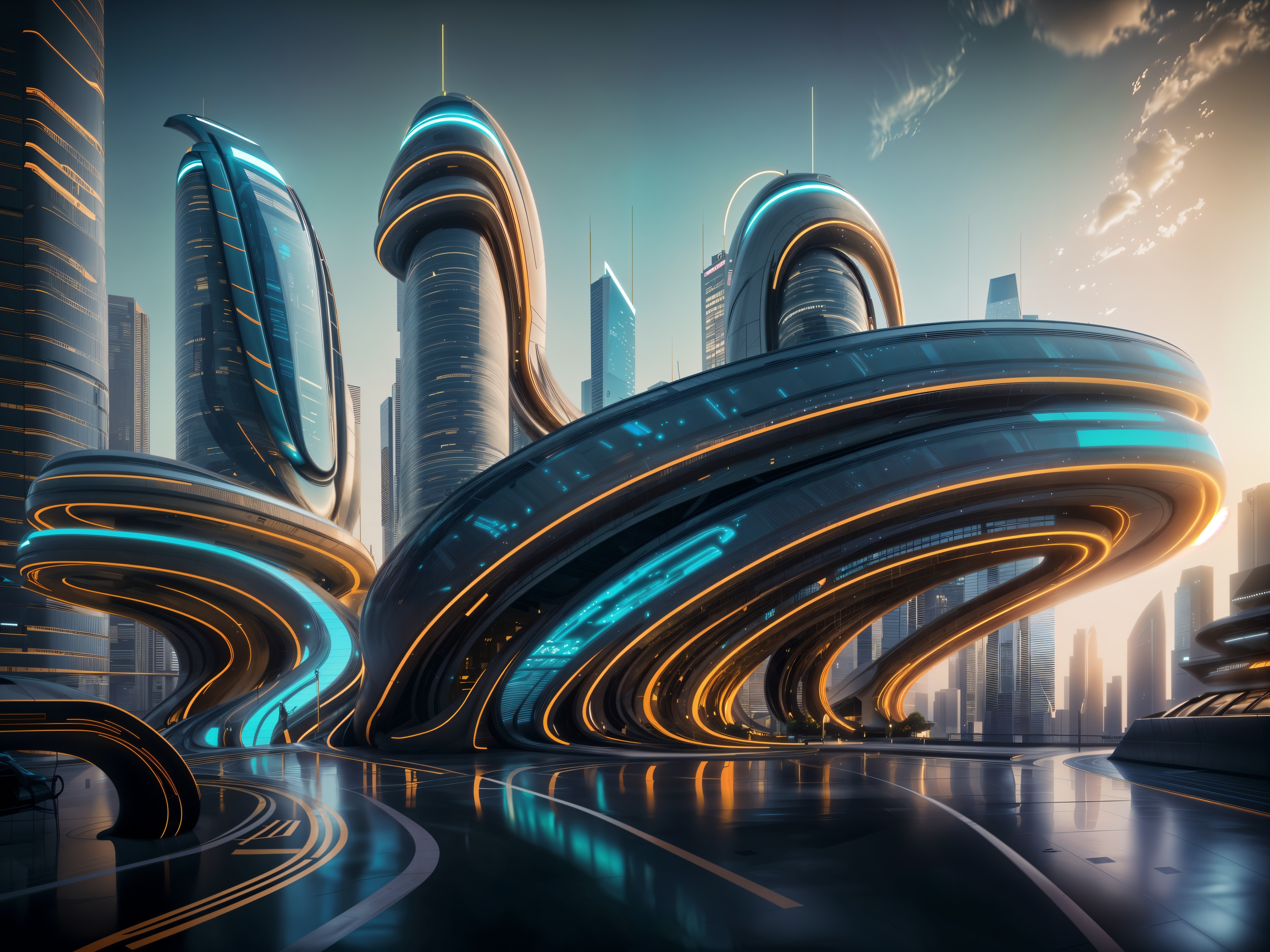 Futuristic cityscape with sleek architecture and lighting