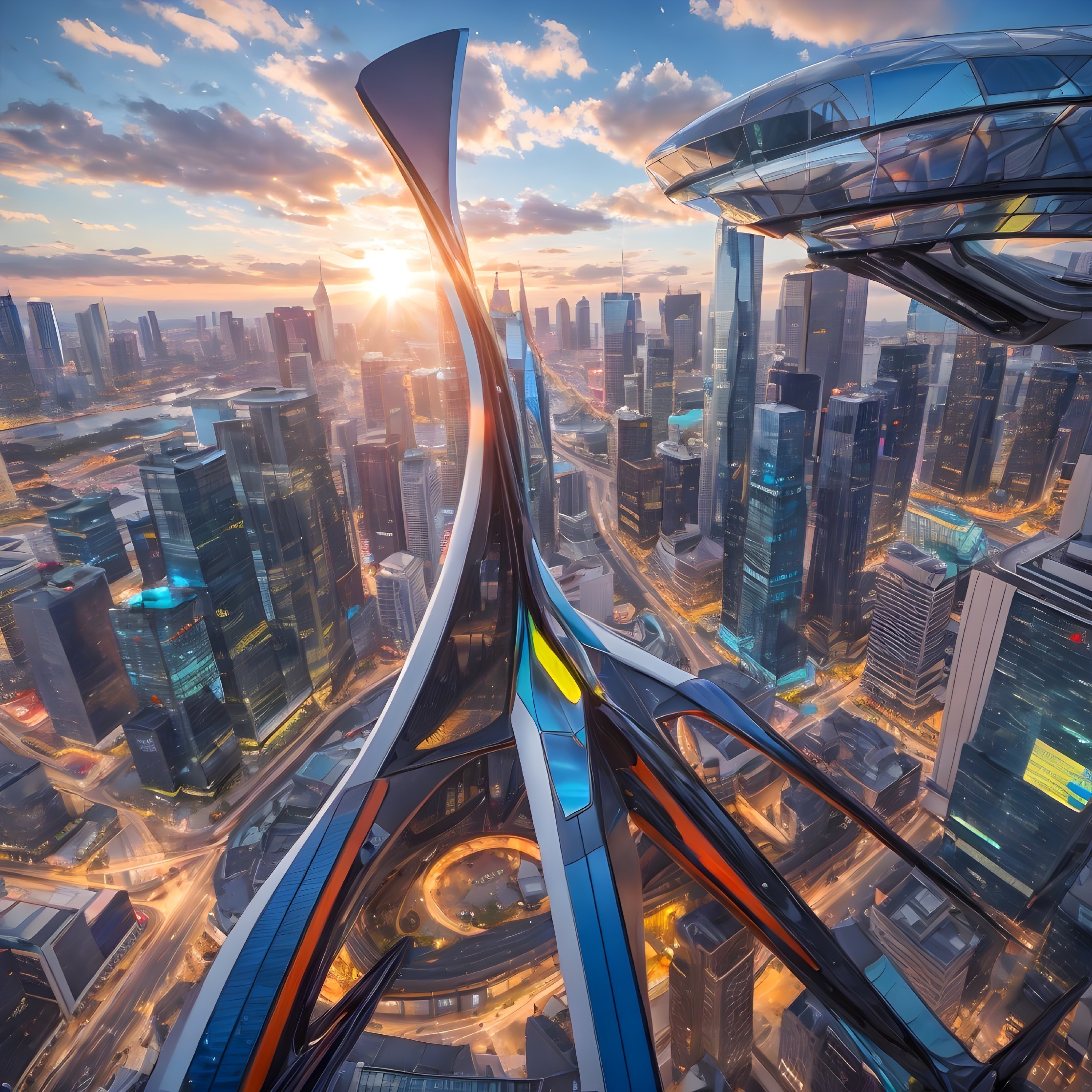 Futuristic cityscape at sunset with vibrant skyscrapers