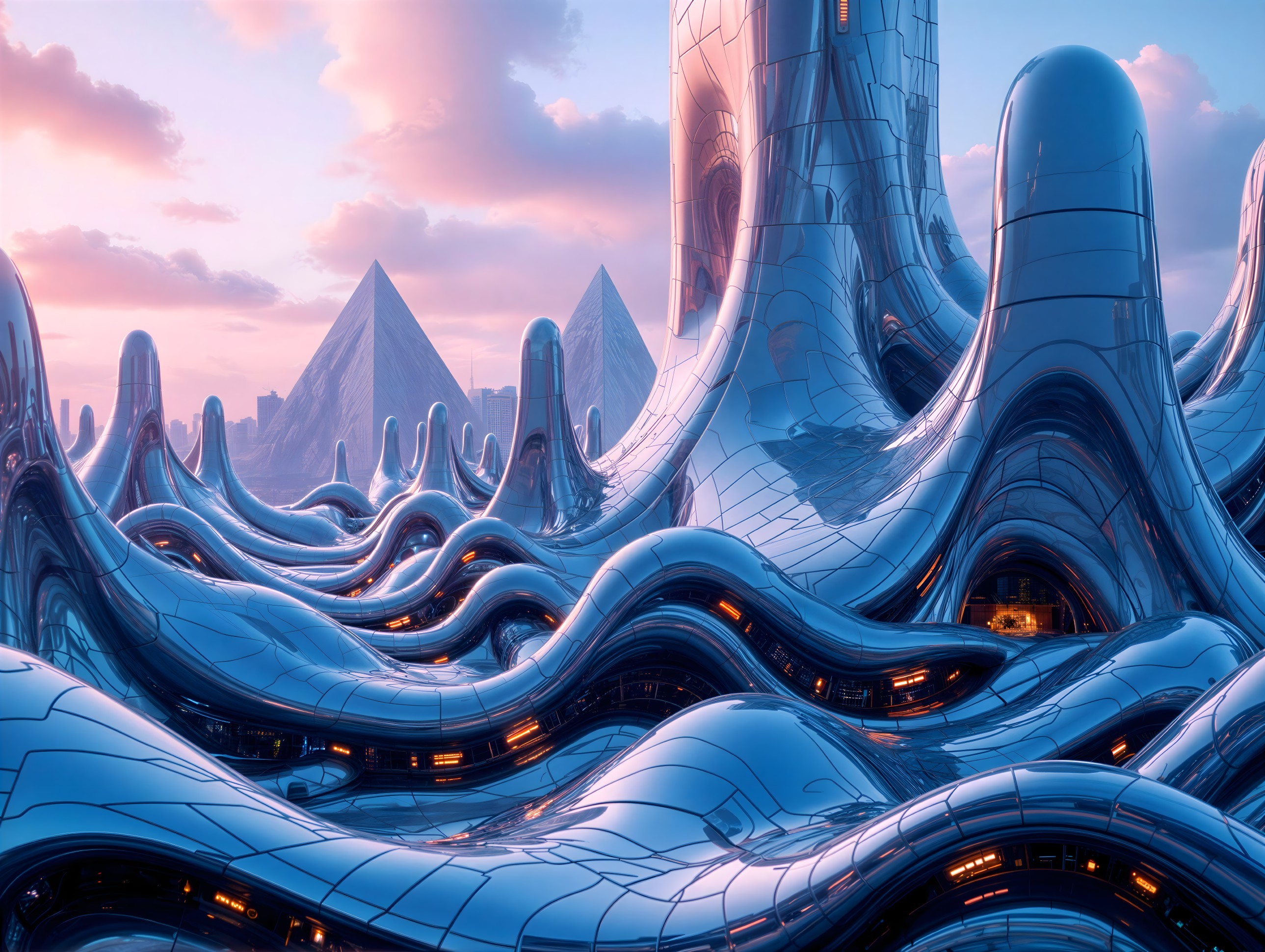 Futuristic landscape with metallic structures and pyramids