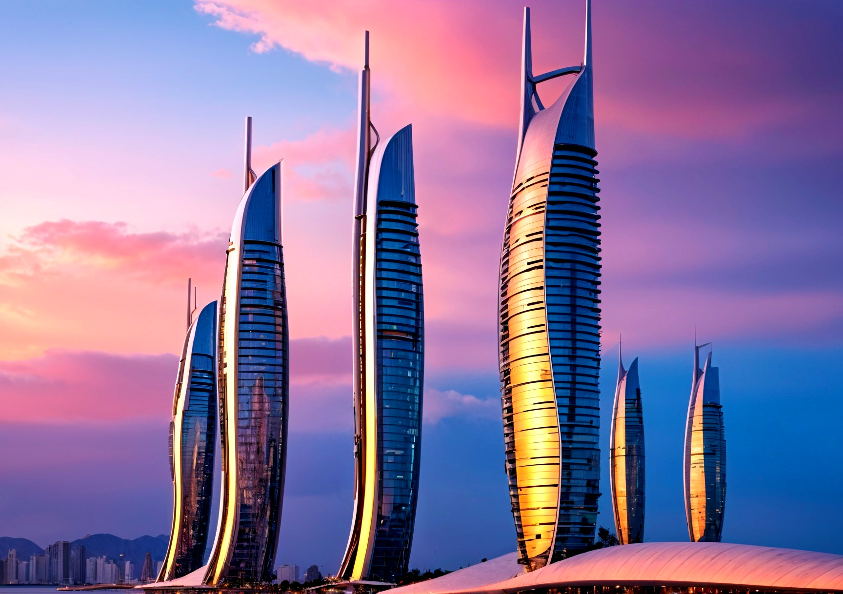 Futuristic Skyline with Tapered Skyscrapers at Sunset