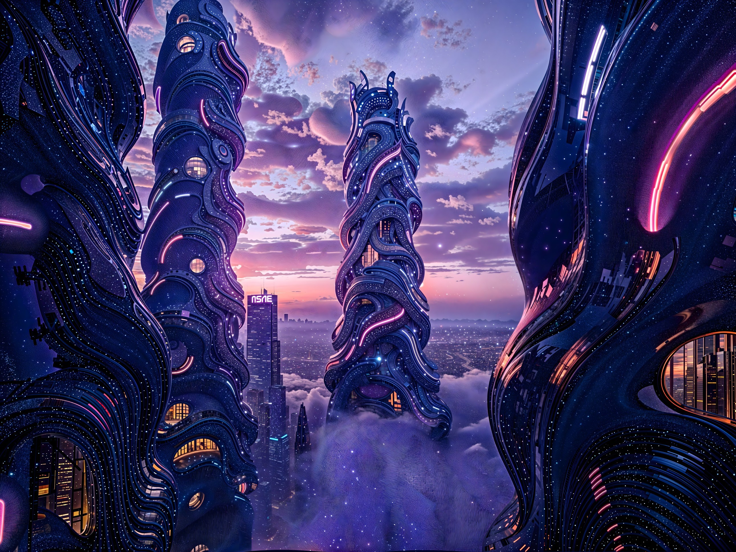 Futuristic Skyscrapers with Organic Design and Neon Lights