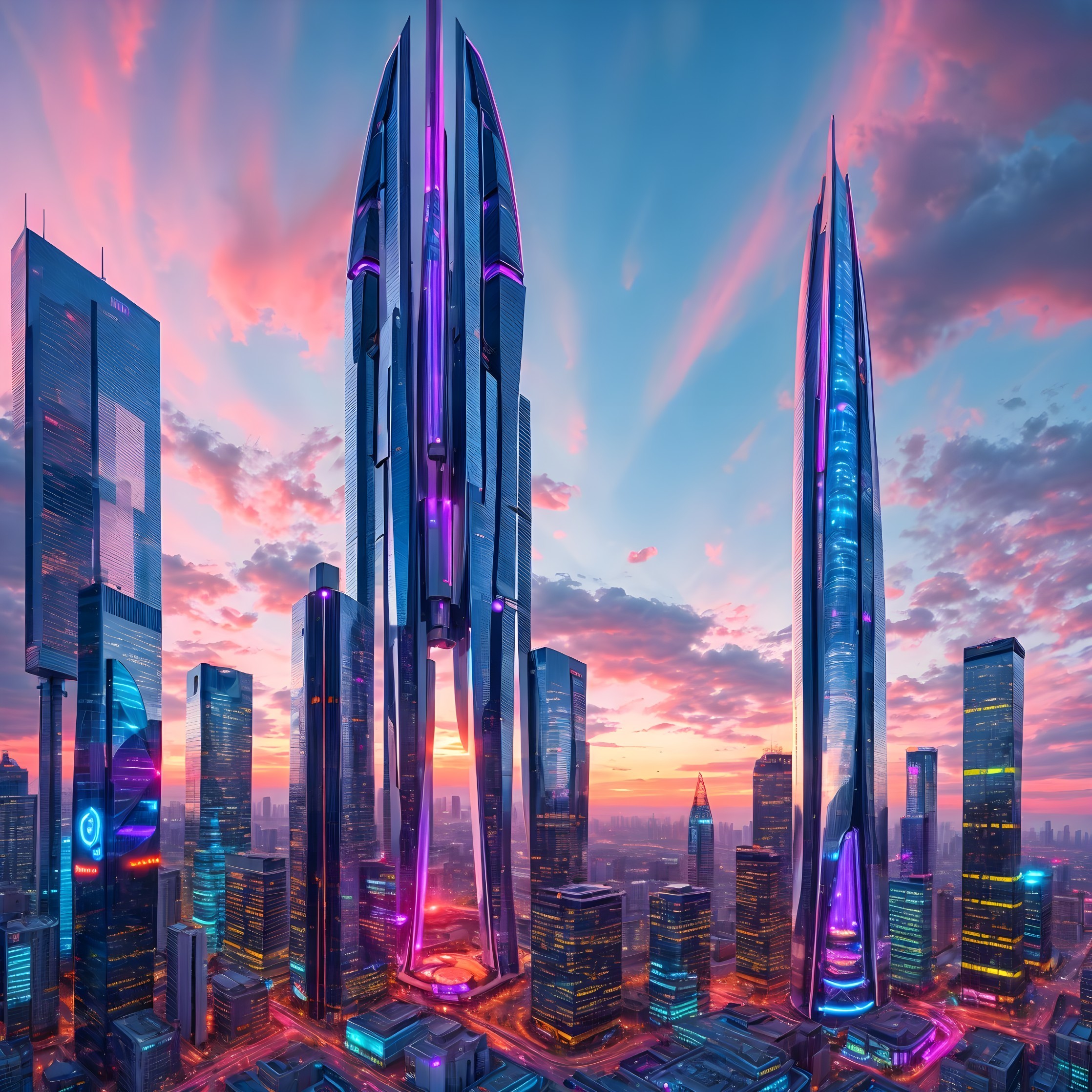 Futuristic cityscape in vibrant pink and purple hues