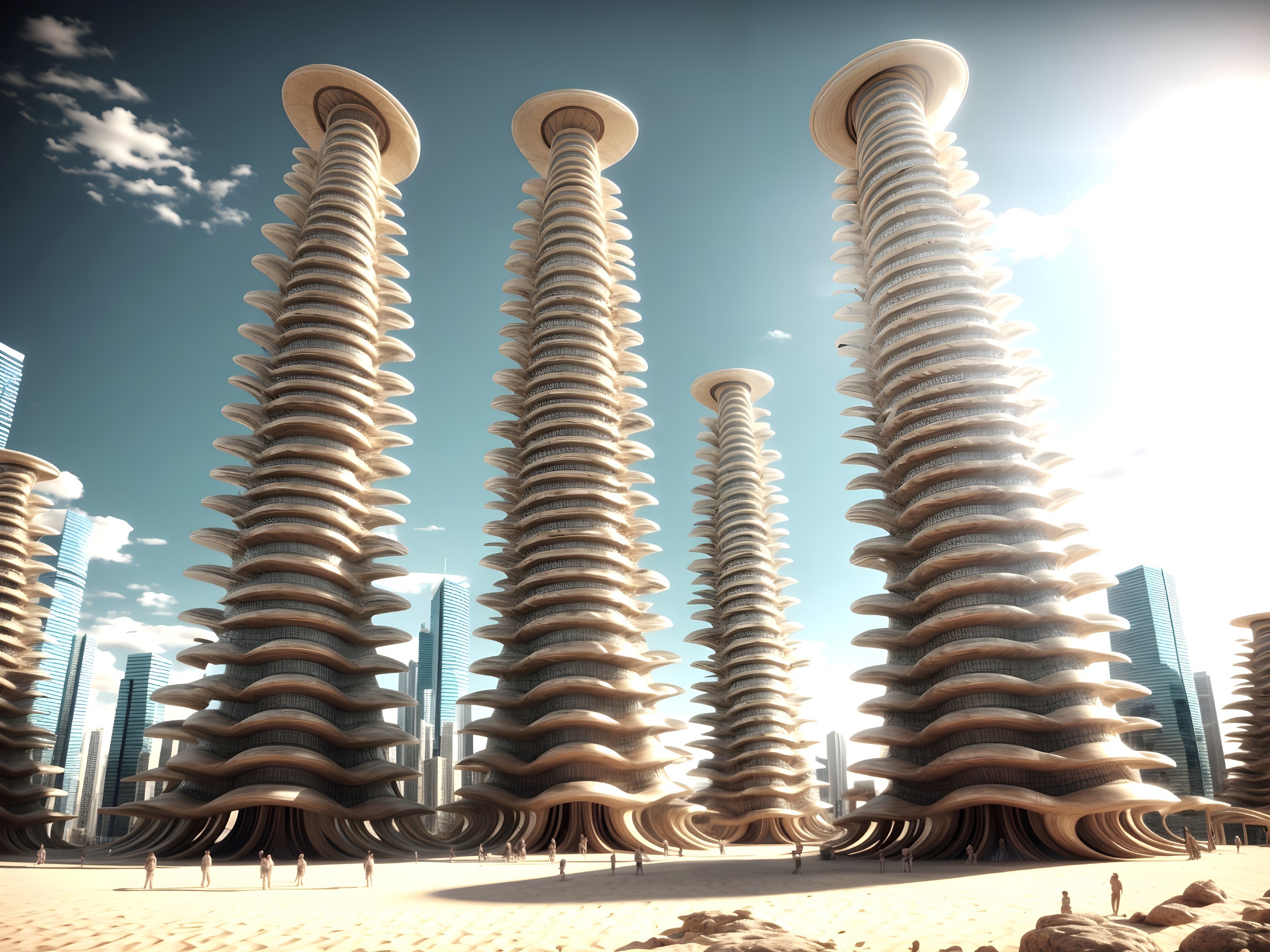 Futuristic cityscape with spiral skyscrapers and nature