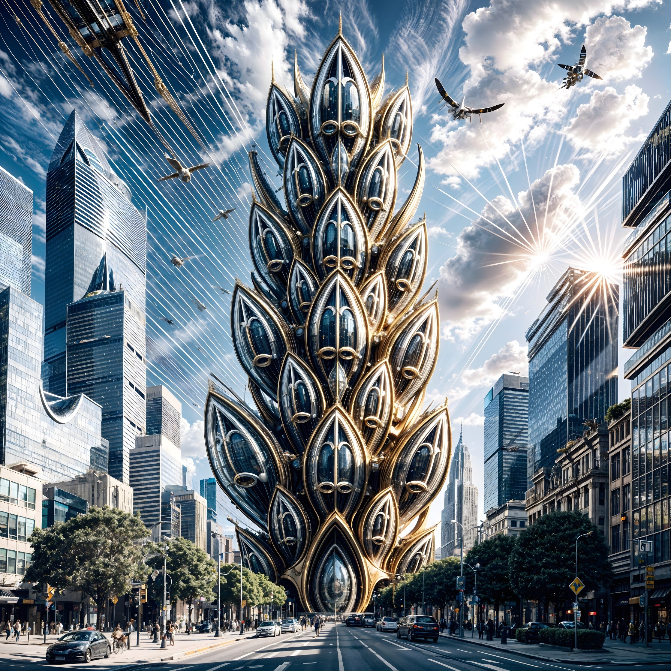 Futuristic cityscape with gold and glass skyscraper