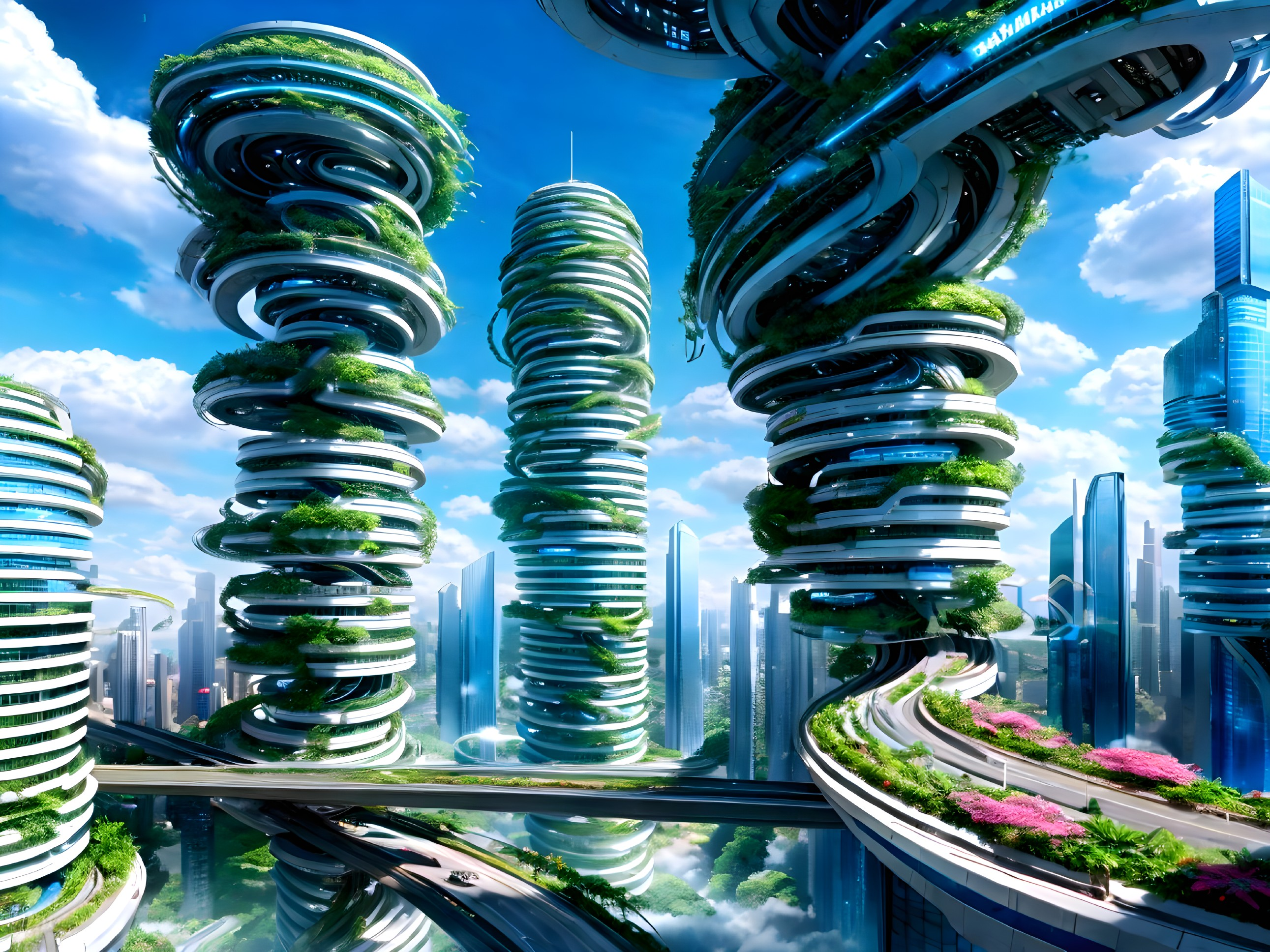Futuristic cityscape with spiraling towers and greenery
