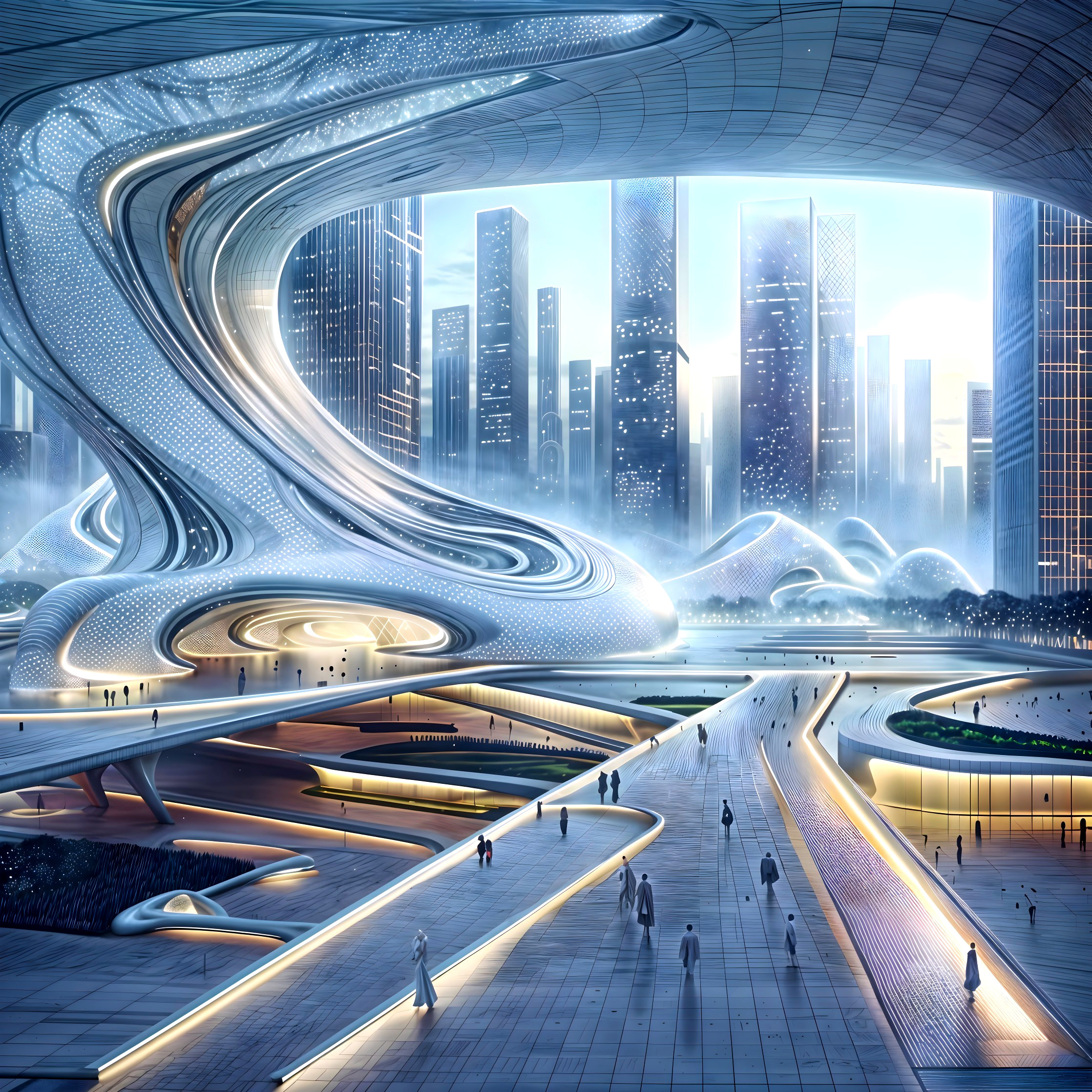 Futuristic Cityscape with Organic Architecture and Greenery