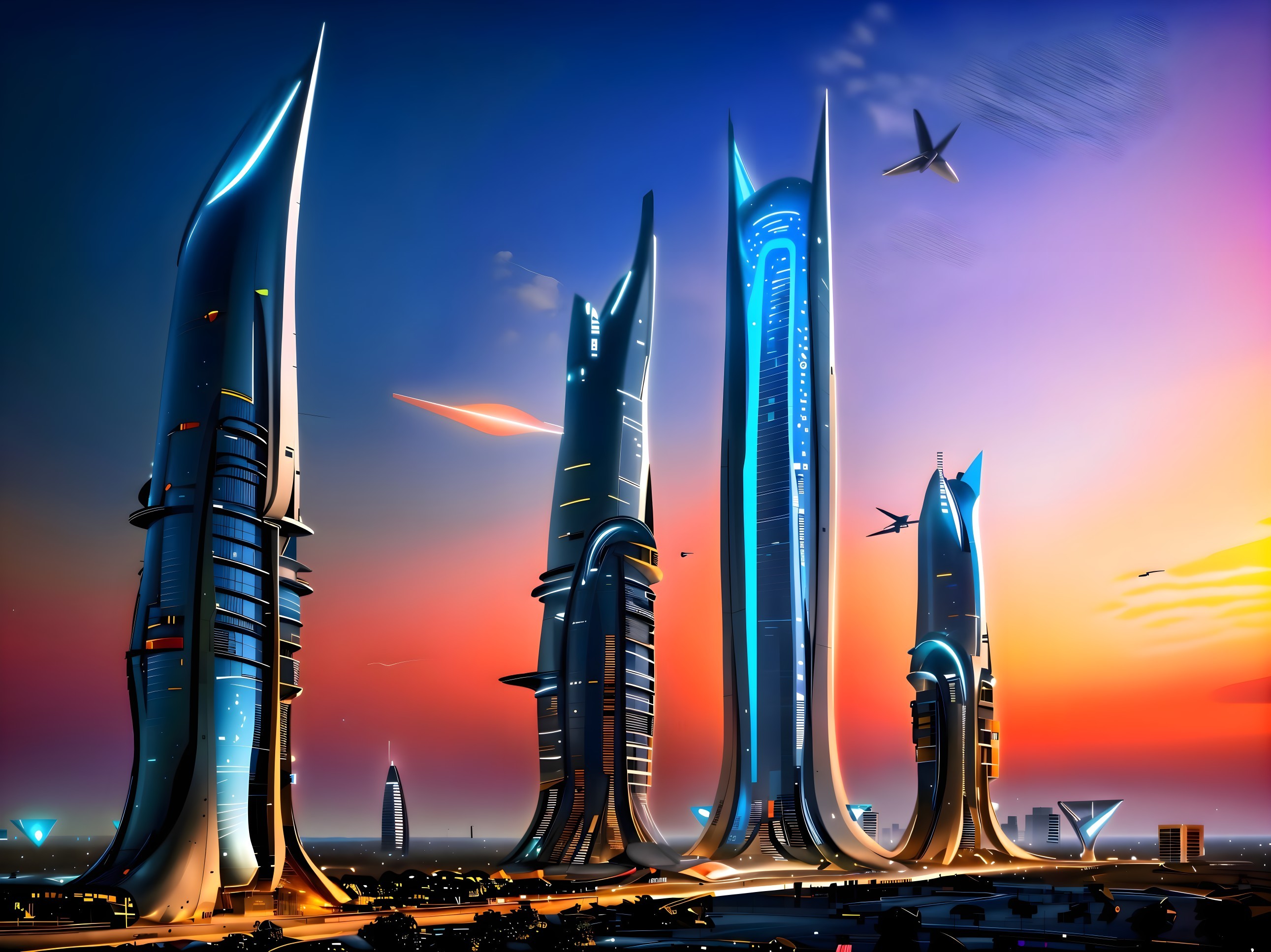 Futuristic skyline with sleek skyscrapers and drones