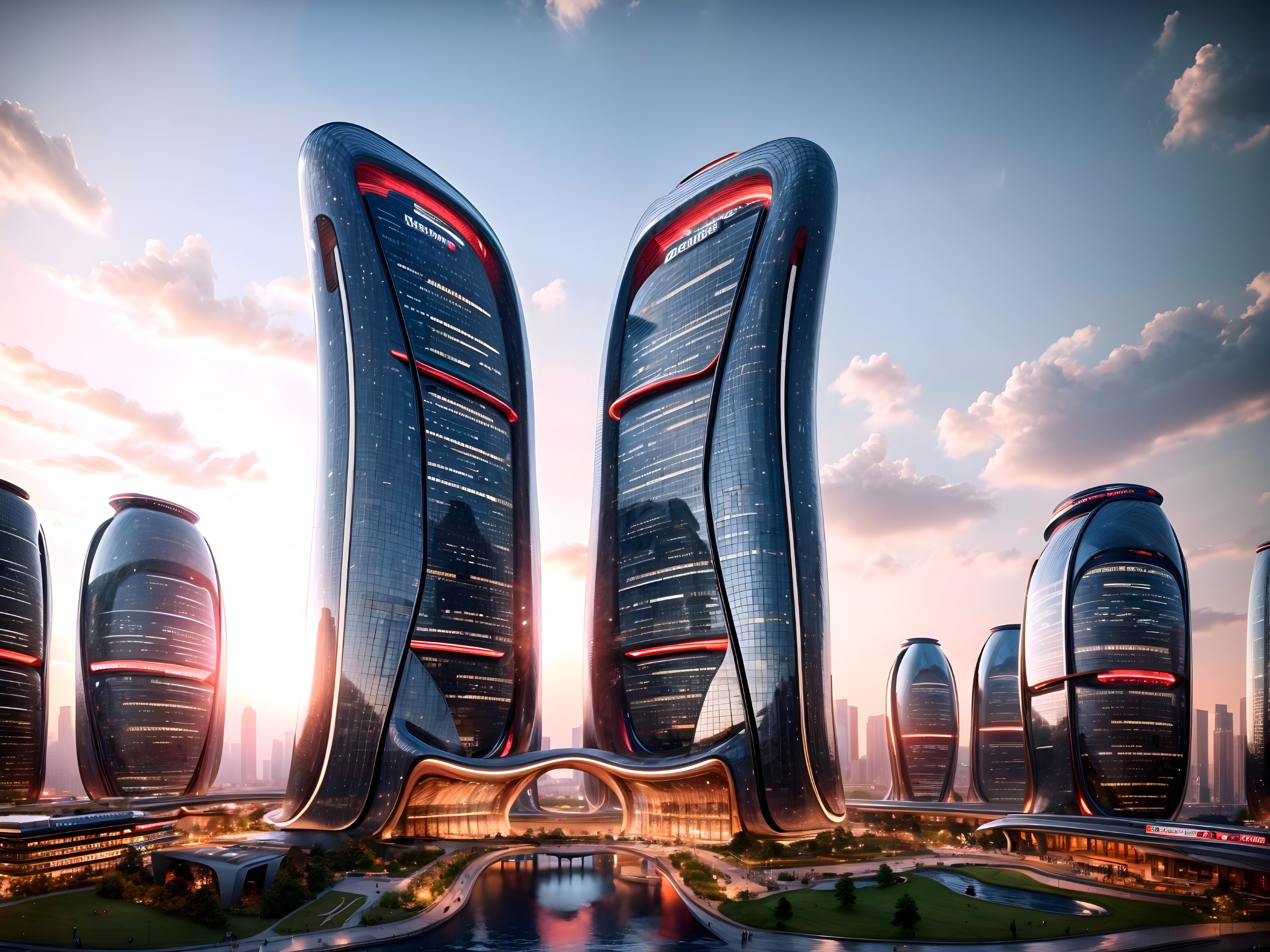 Futuristic Cityscape with Skyscrapers and Waterway
