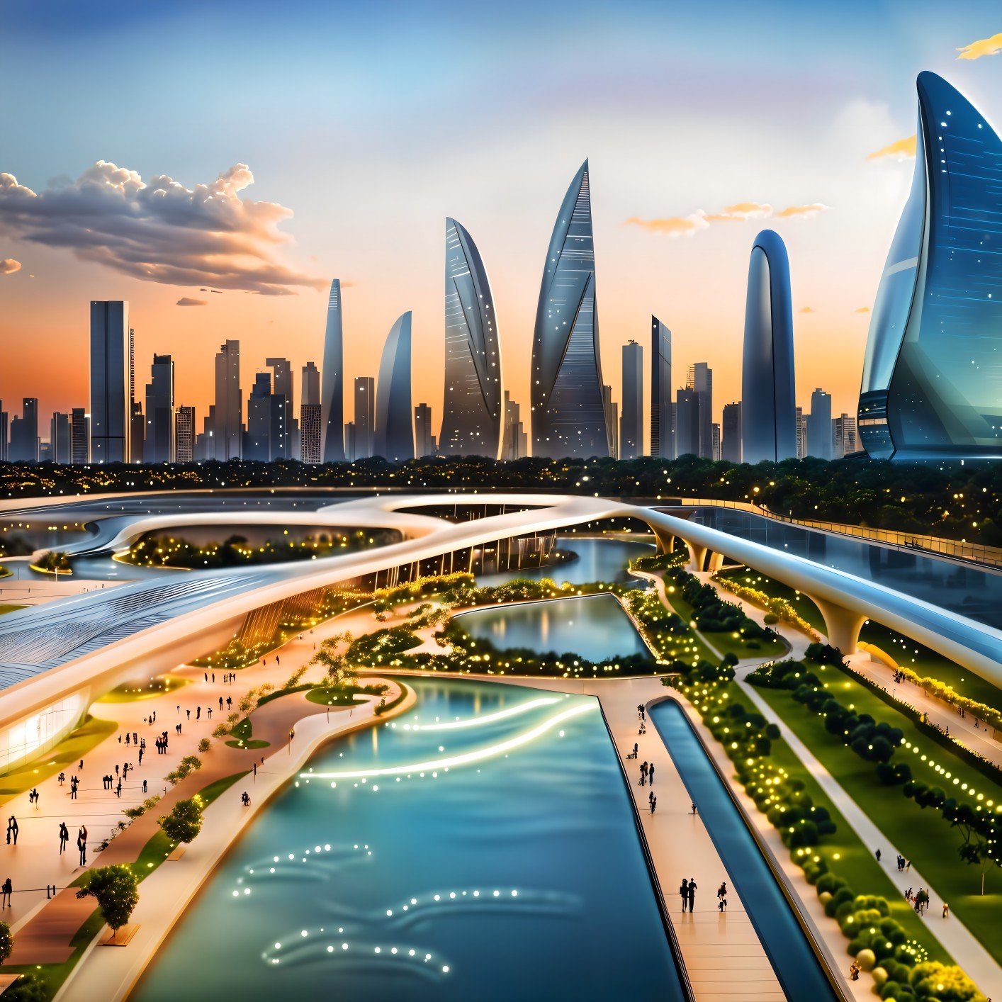 Futuristic cityscape at sunset with unique skyscrapers