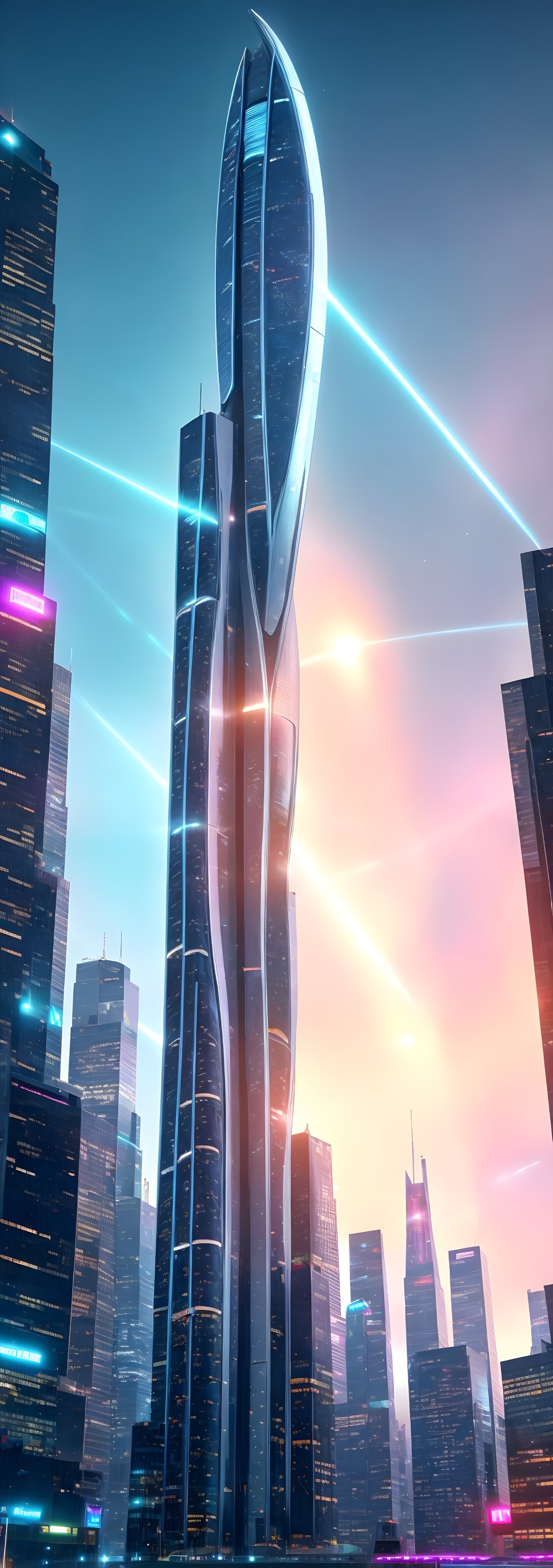 Futuristic cityscape with tall neon-lit skyscraper
