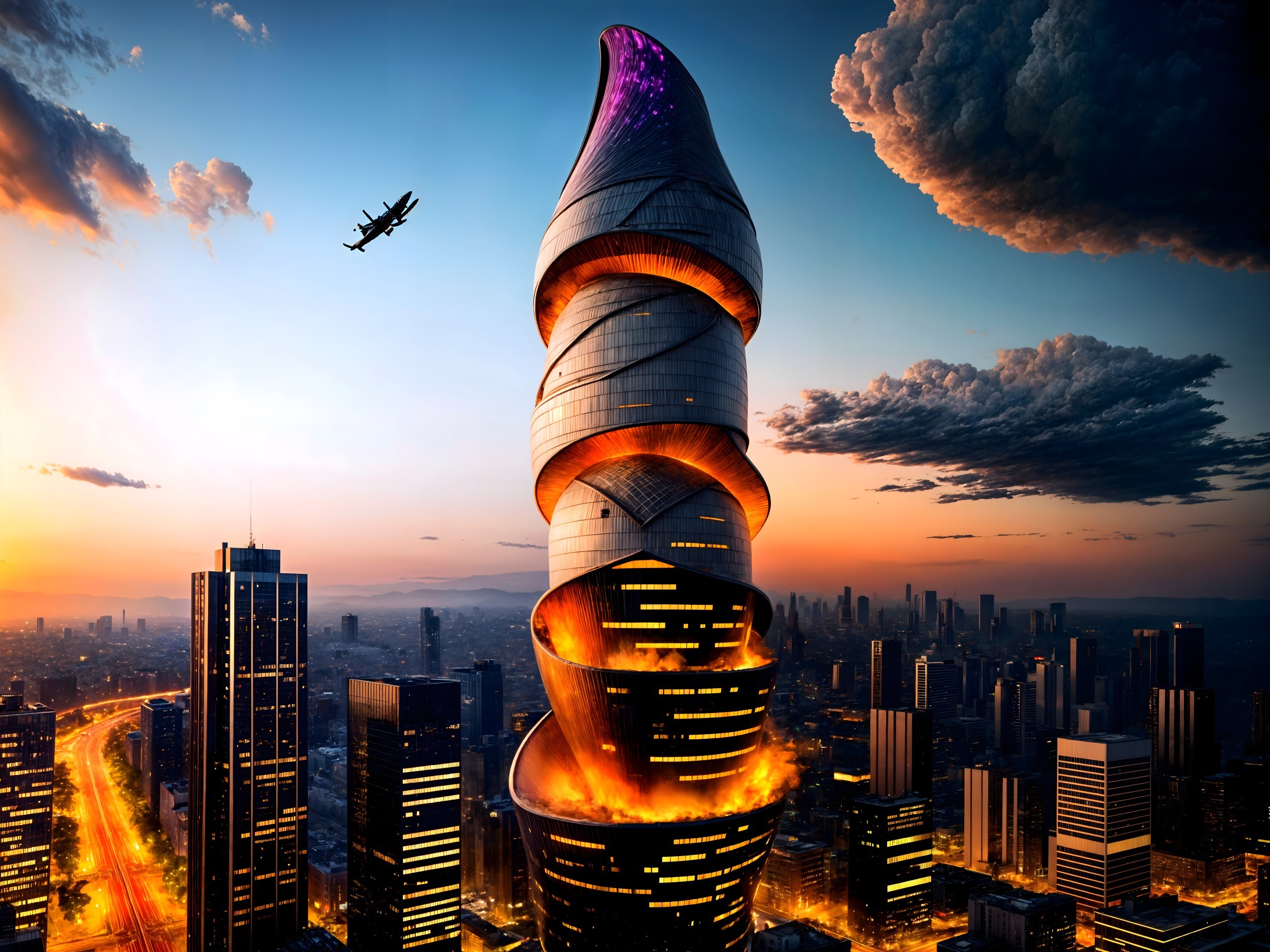 Futuristic Skyscraper with Twisted Design at Sunset
