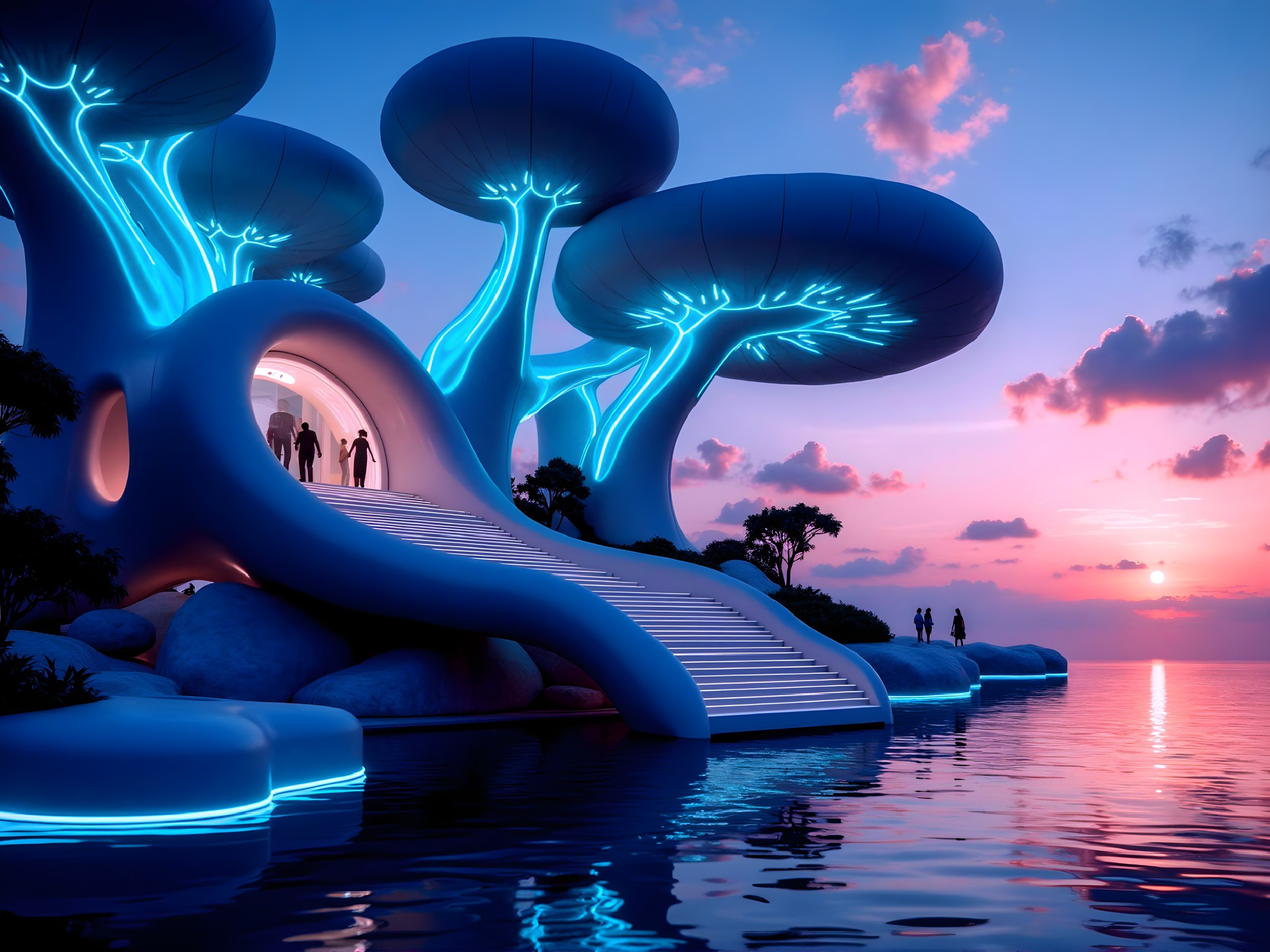 Futuristic Structure with Organic Shapes by Water