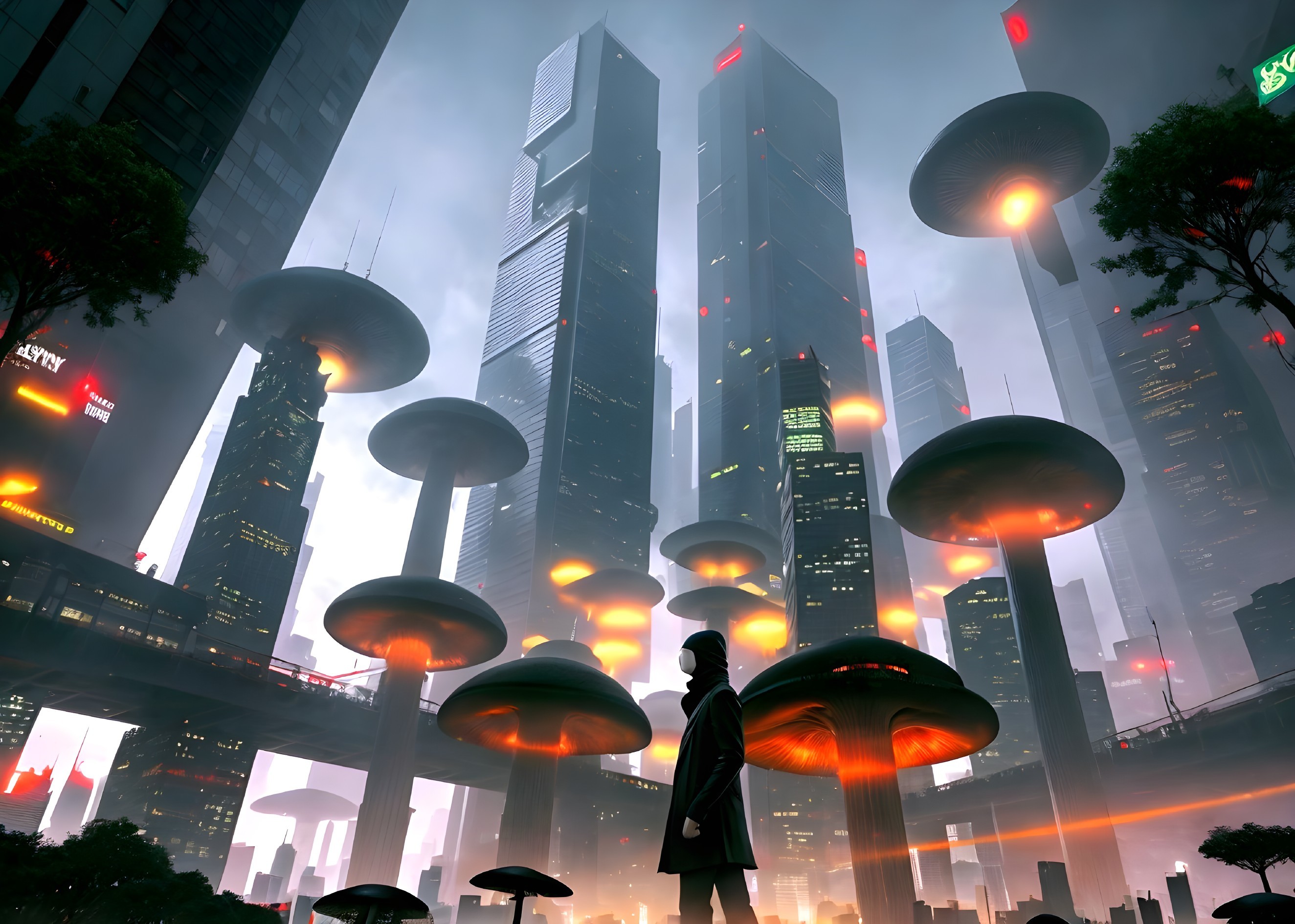 Futuristic cityscape with glowing mushrooms and skyscrapers