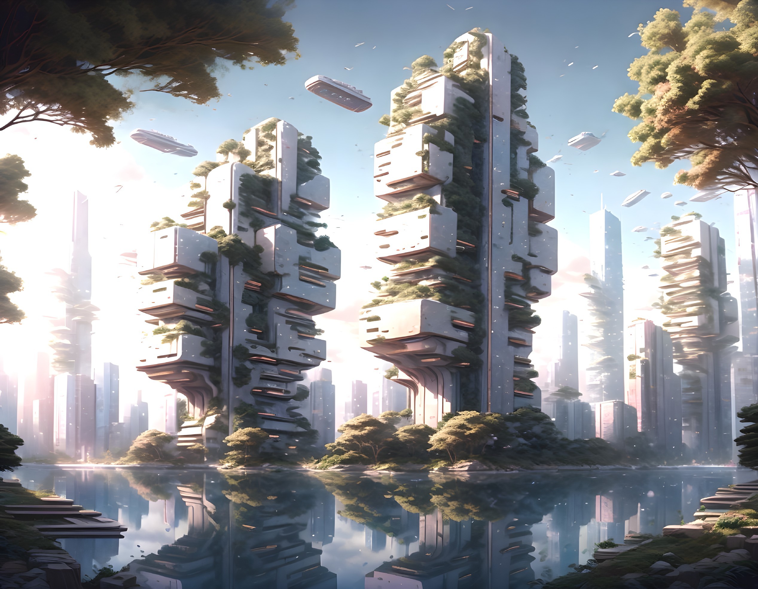 Futuristic Landscape with Skyscrapers and Nature