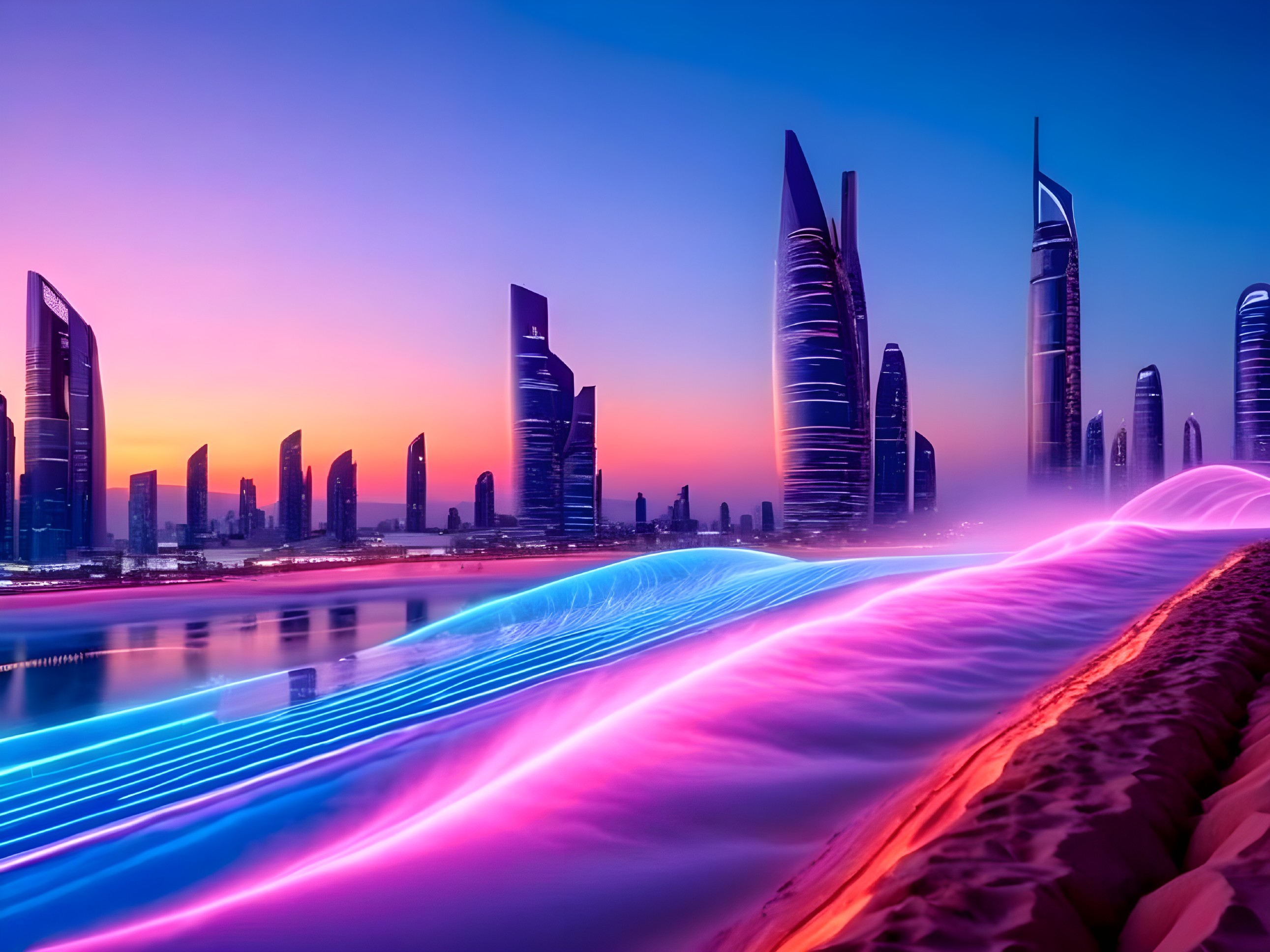 Futuristic Cityscape at Twilight with Neon Lights