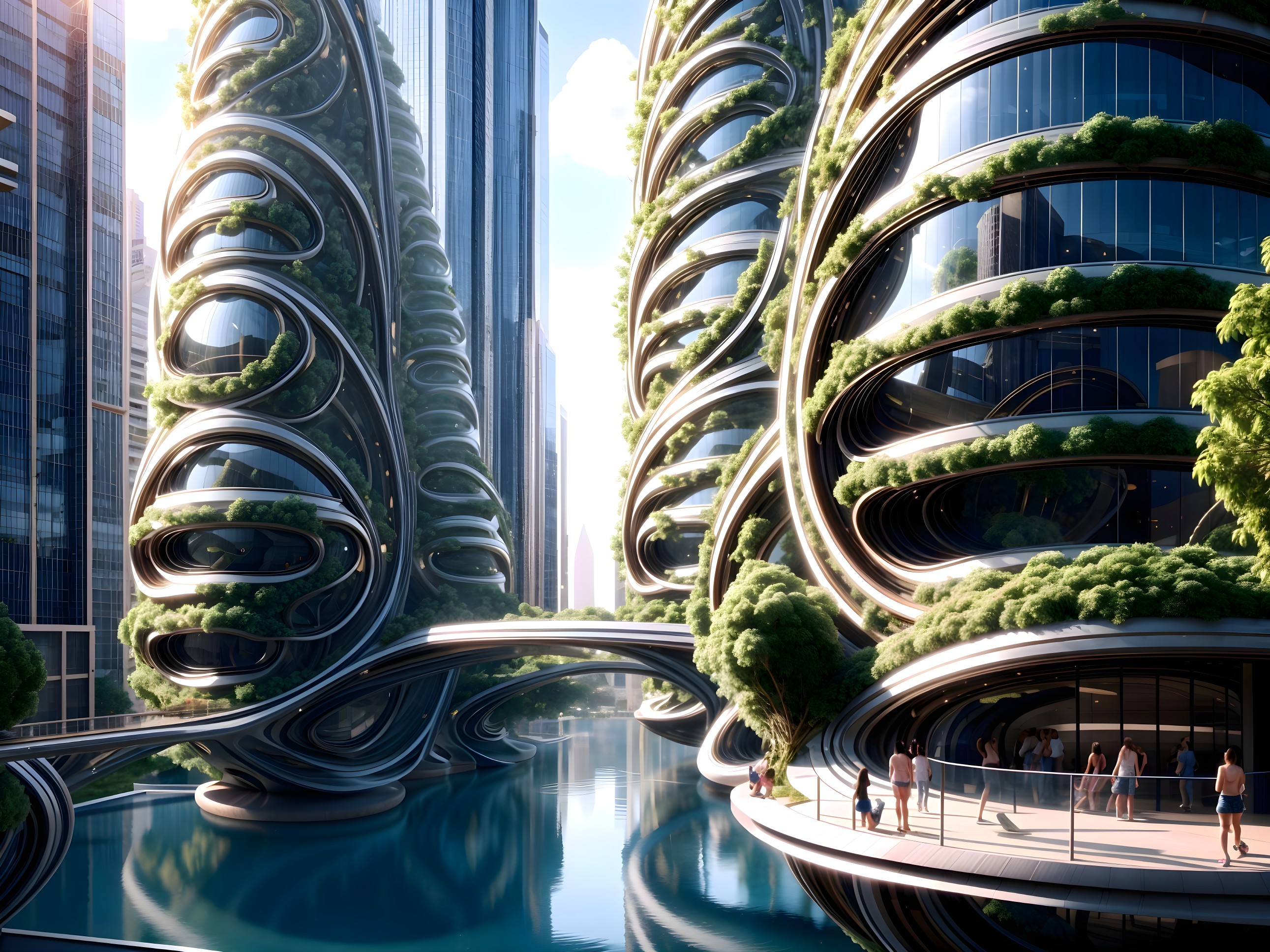 Futuristic Urban Landscape with Green Skyscrapers