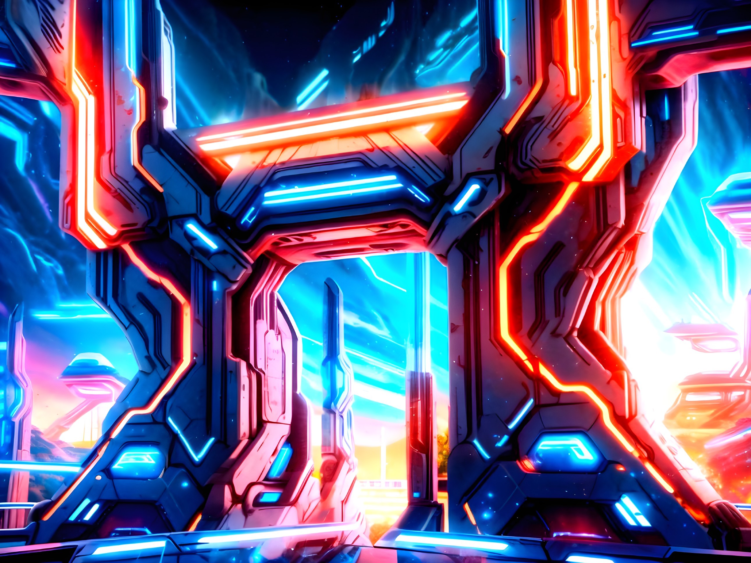 Futuristic landscape with neon lights and galaxies