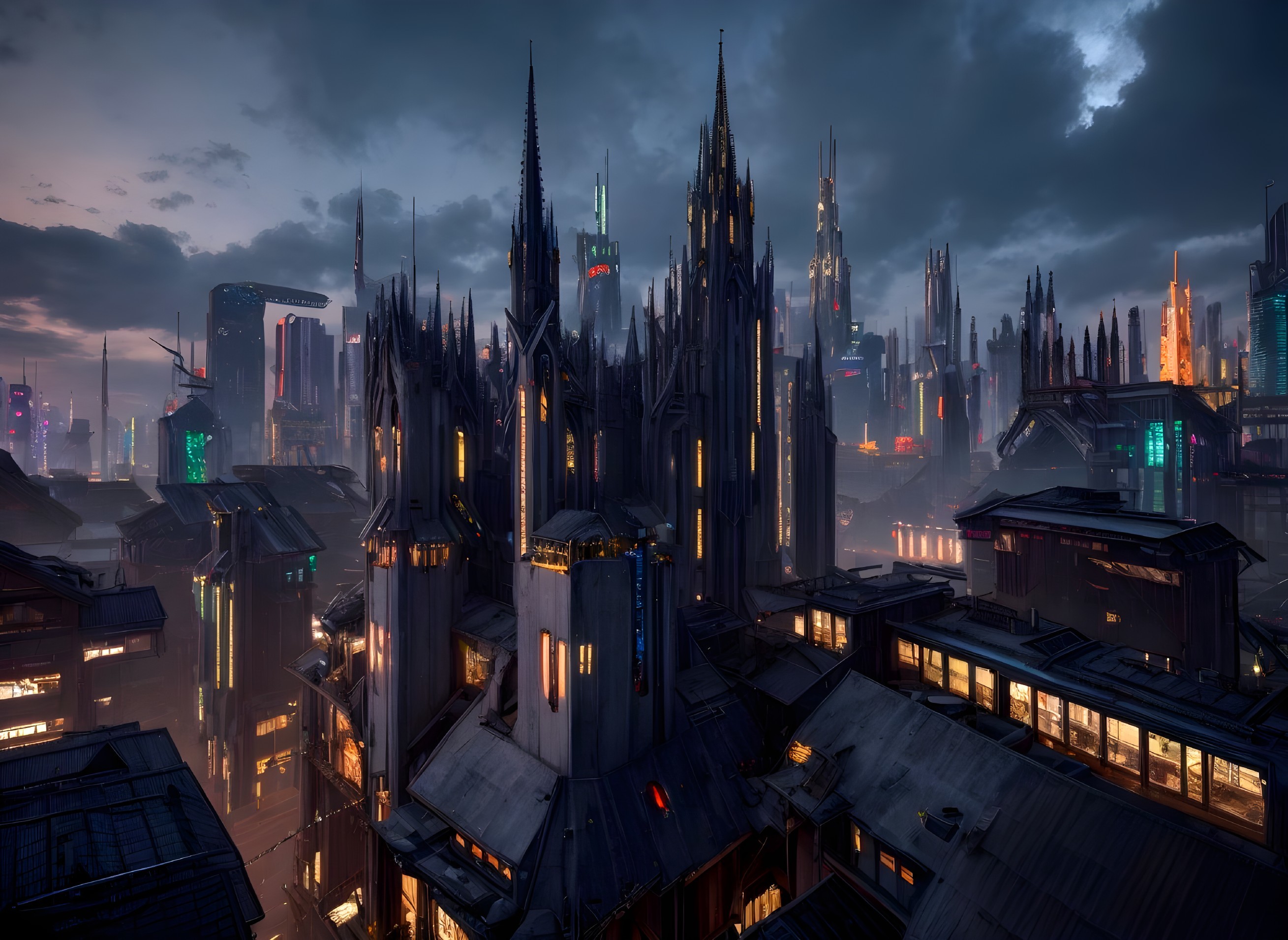 Futuristic Cityscape with Gothic and High-Tech Elements