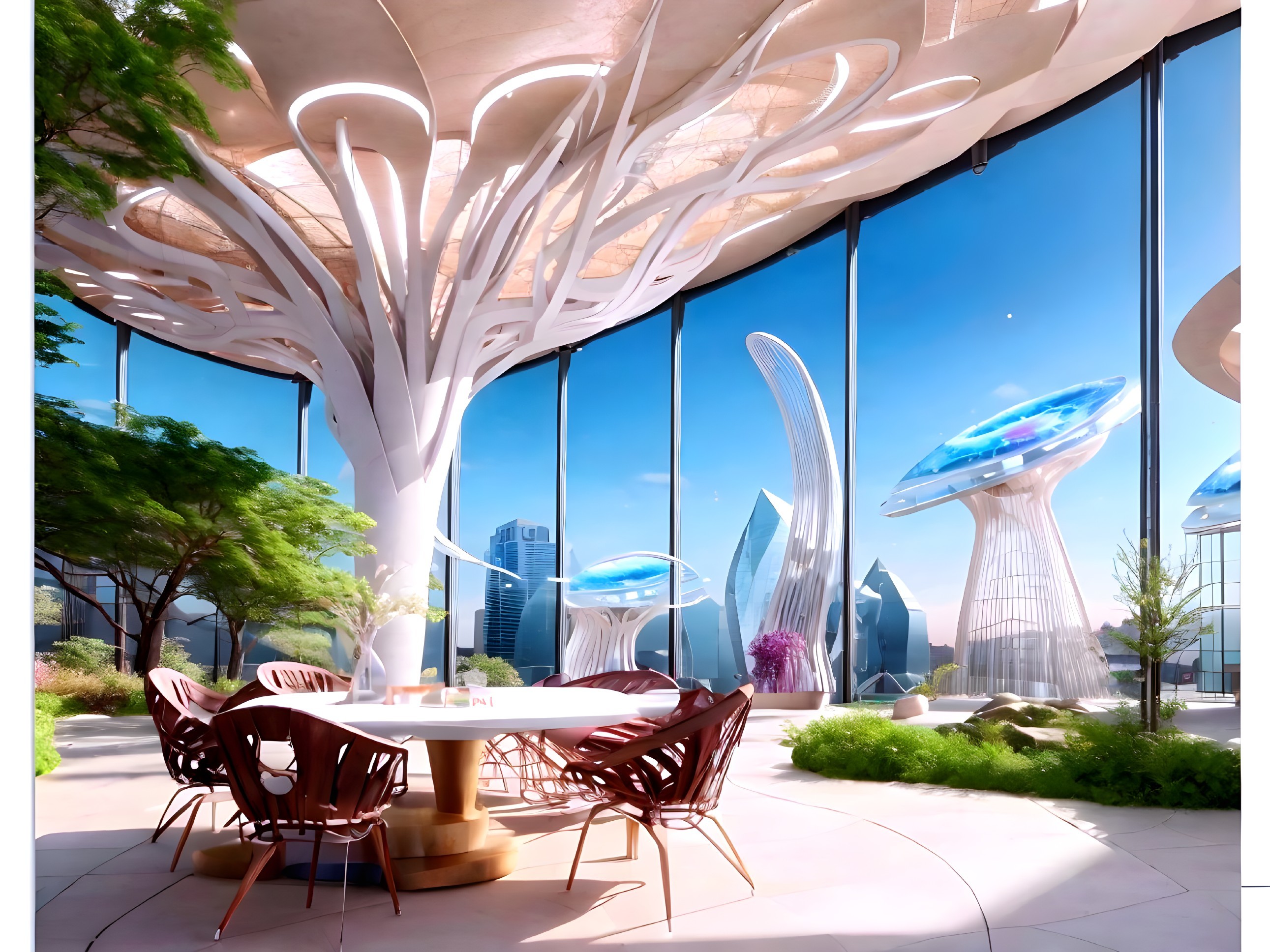 Futuristic Indoor Space with Artistic Tree Structure