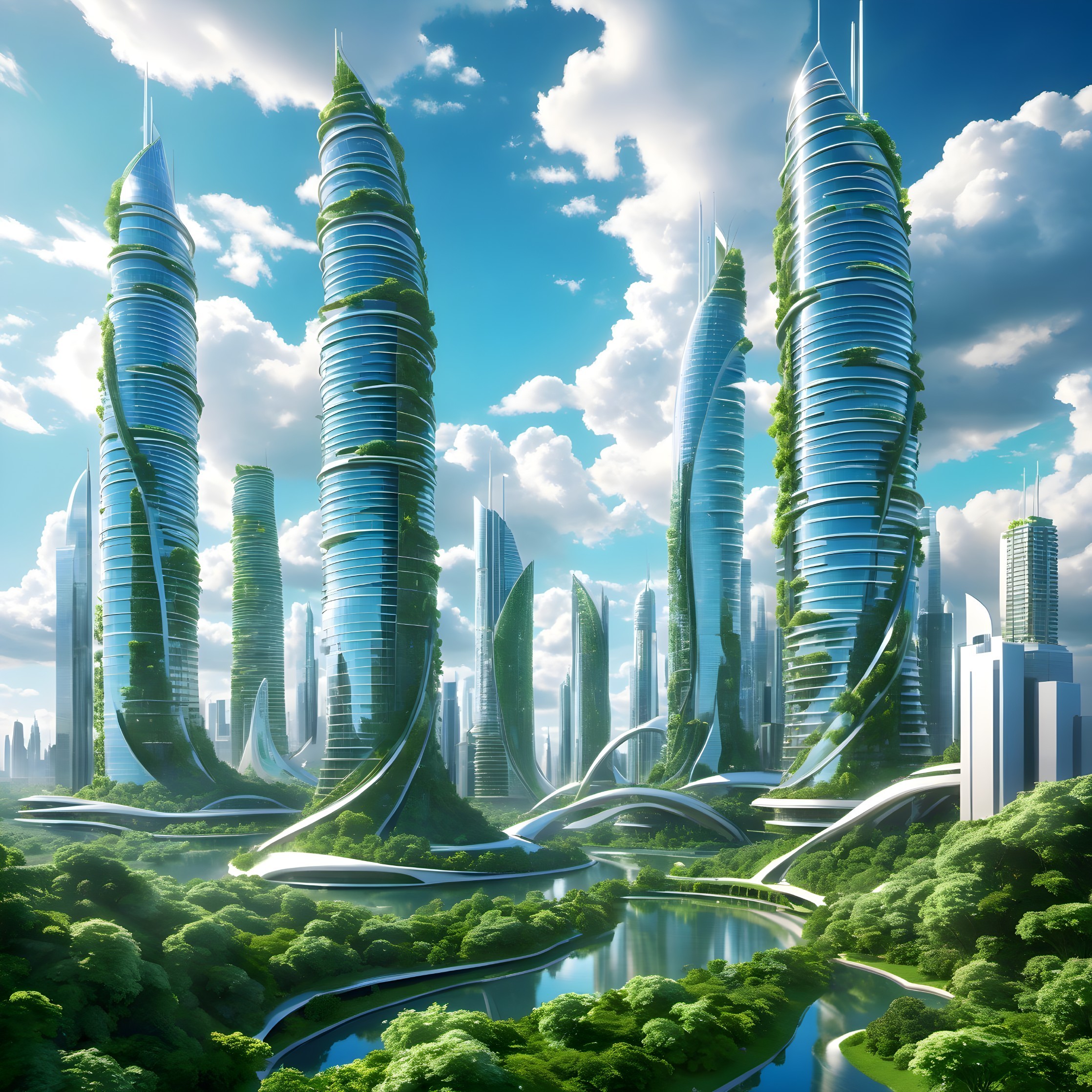 Futuristic cityscape with skyscrapers and greenery