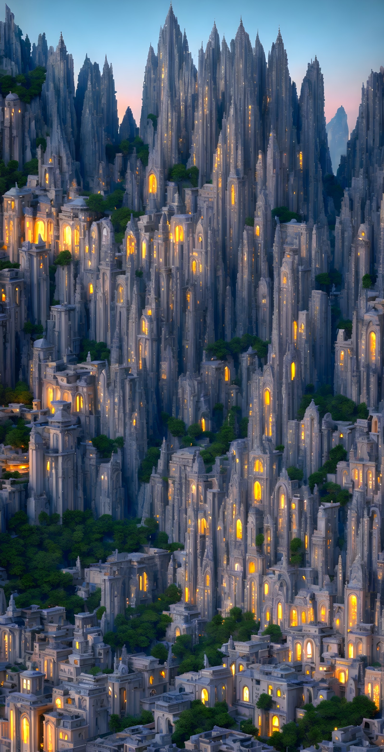 Fantastical city among cliffs with glowing stone structures