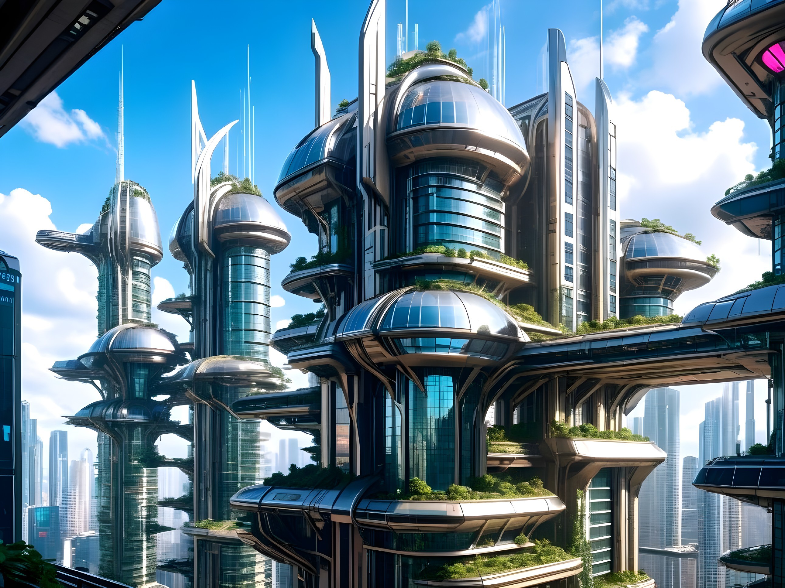 Futuristic Cityscape with Skyscrapers and Greenery
