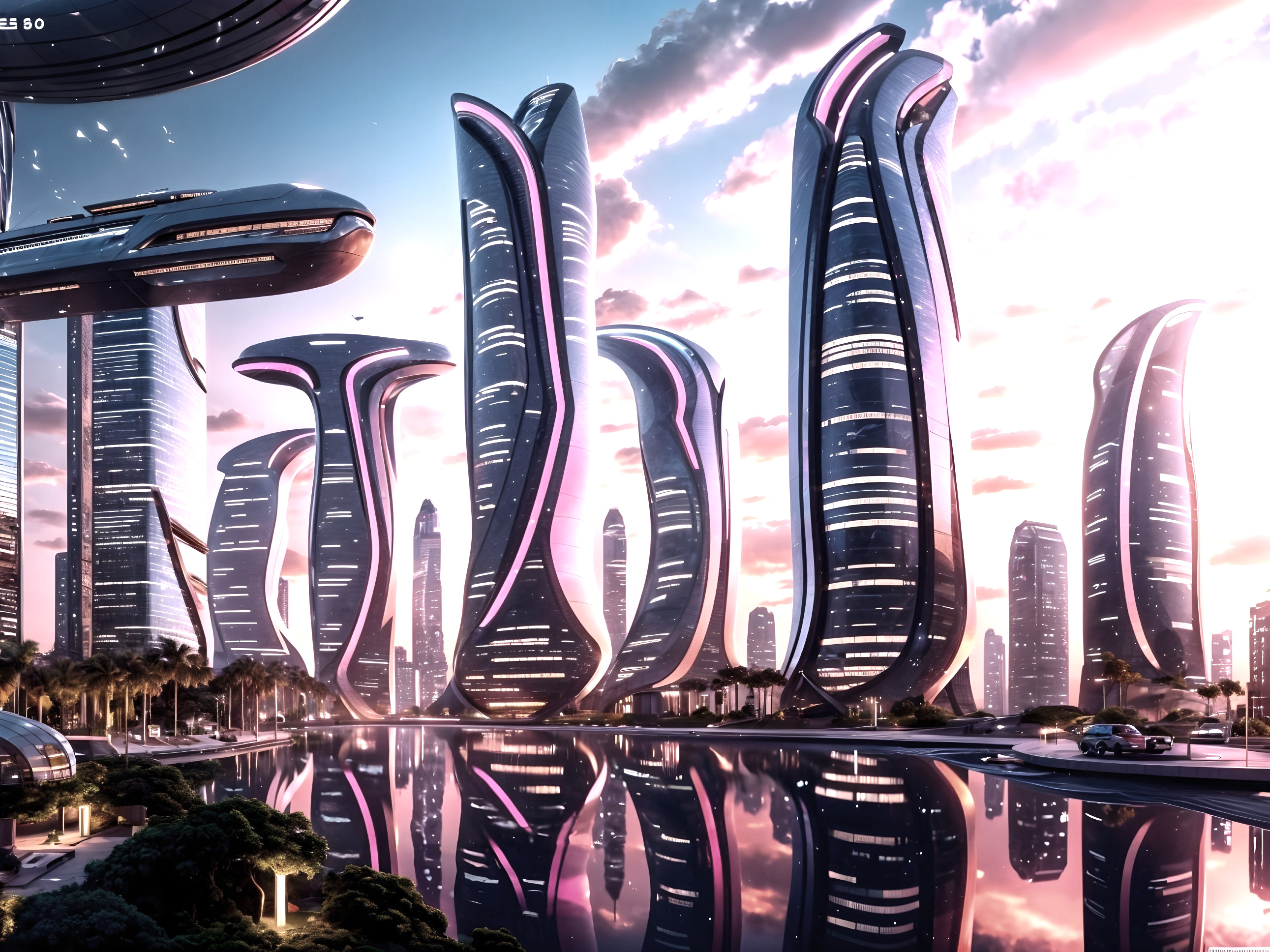 Futuristic cityscape at sunset with vibrant colors