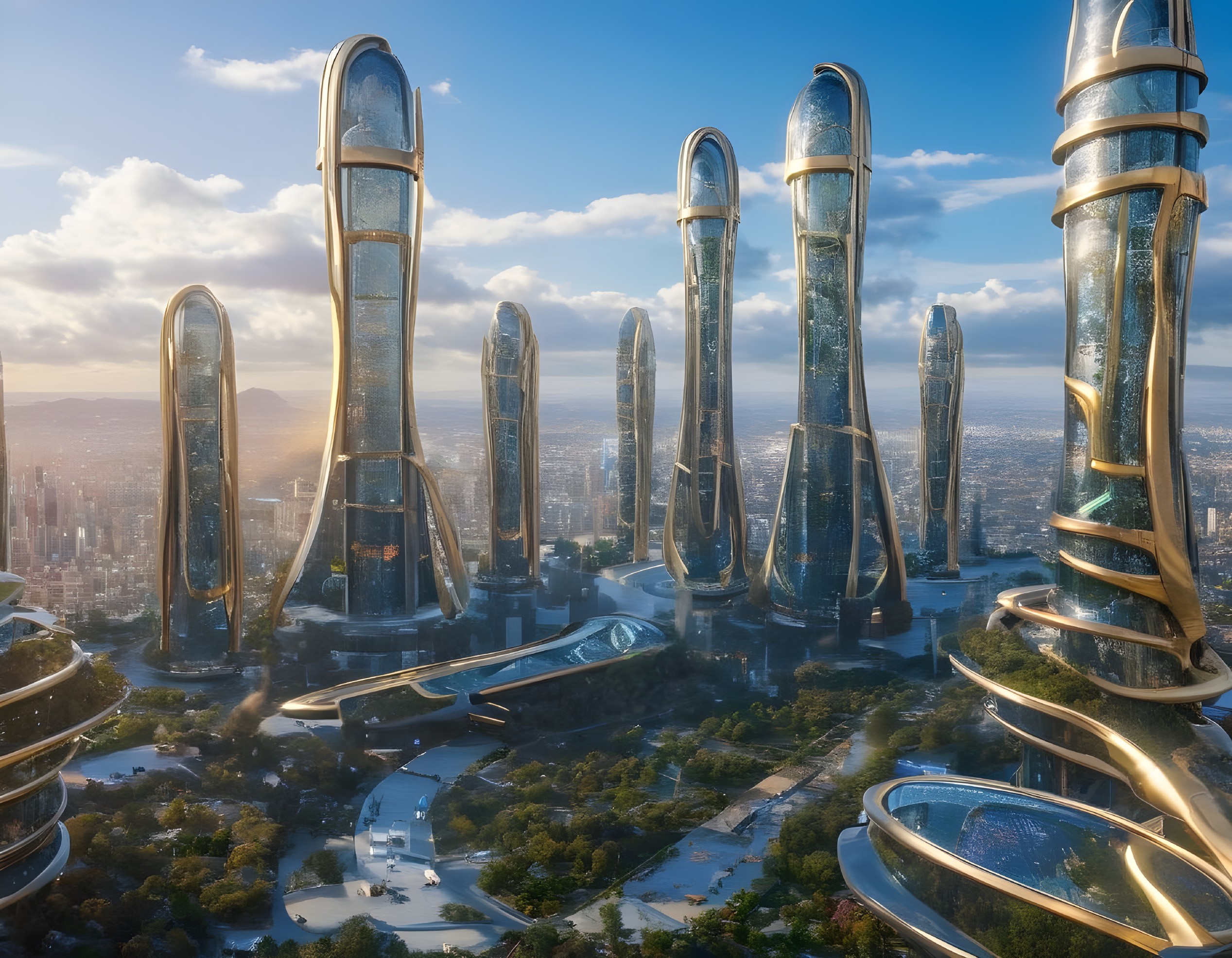 Futuristic Skyline with Skyscrapers and Greenery