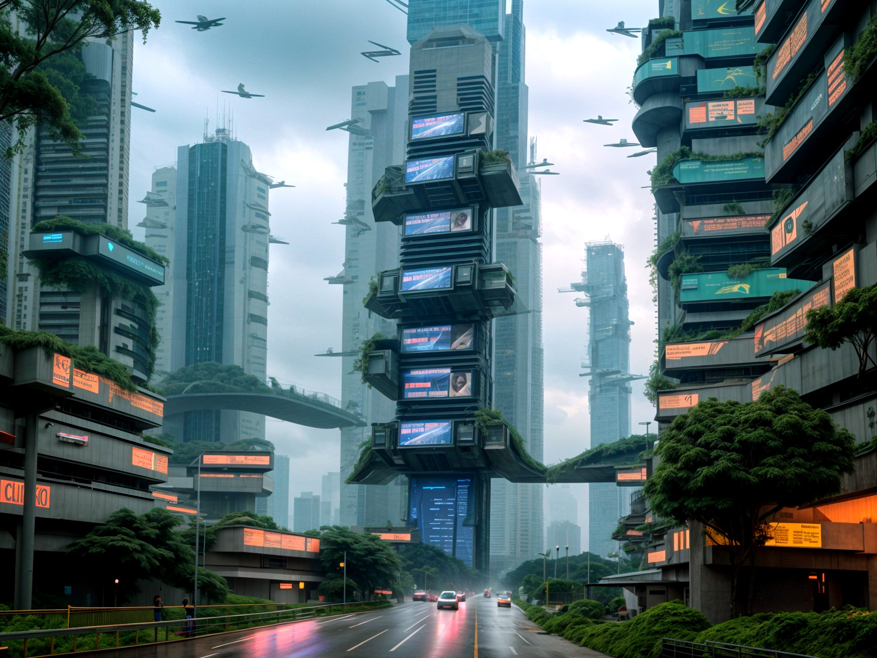 Futuristic cityscape with skyscrapers and greenery