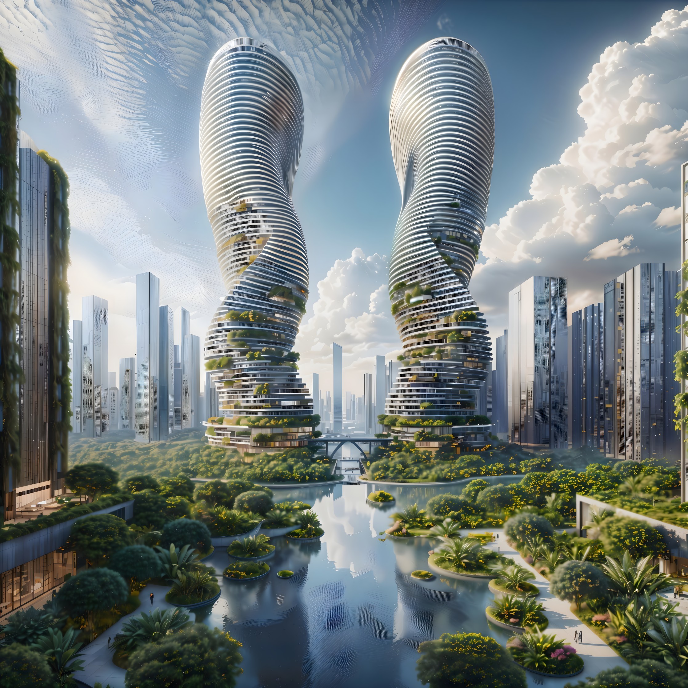 Futuristic Landscape with Twisting Skyscrapers and Greenery