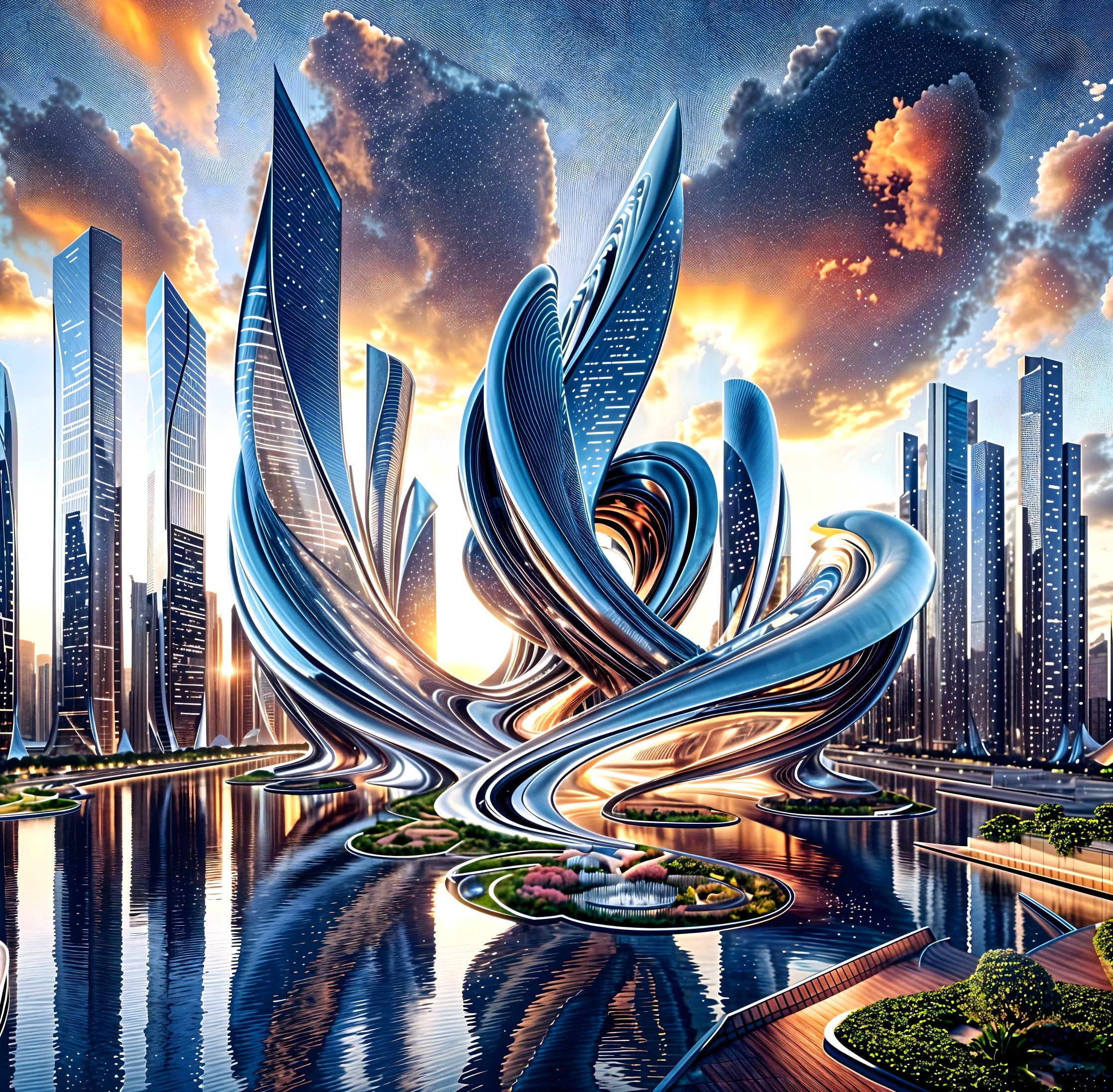 Futuristic Cityscape with Twisting Skyscrapers and Waterway