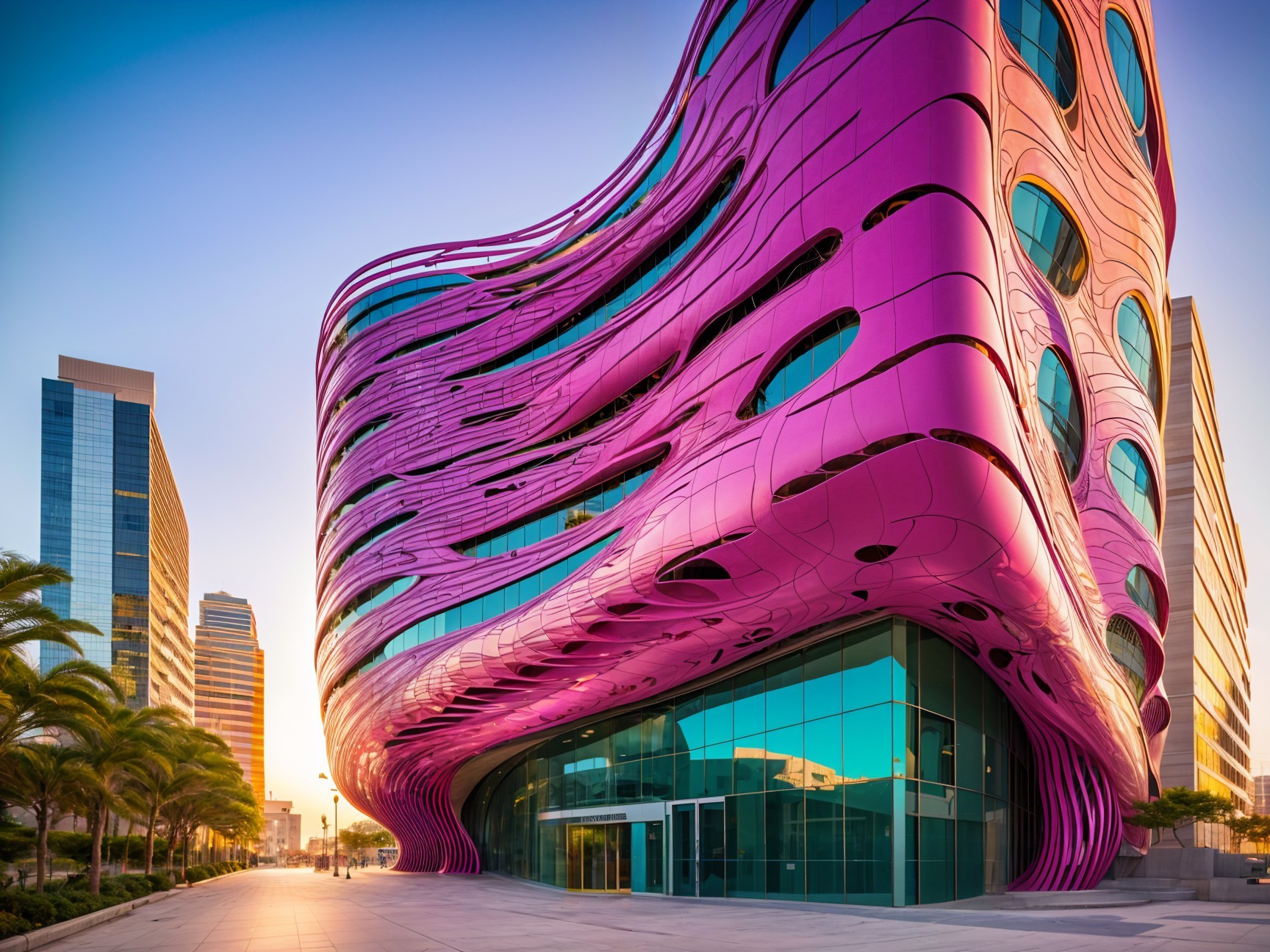 Modern Building with Wavy Pink Façade and Palm Trees