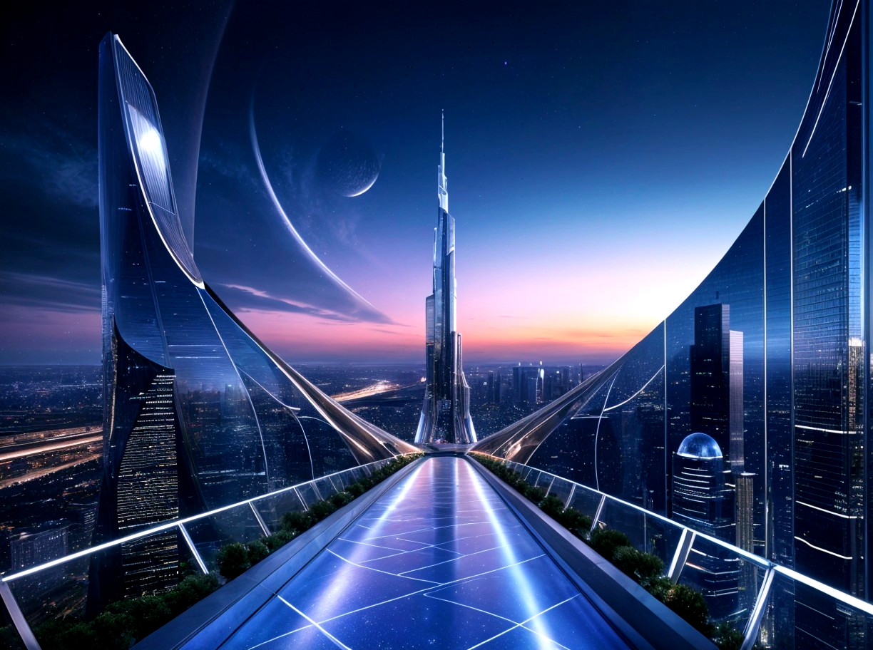 Futuristic Landscape with Skyscrapers and Twilight Sky