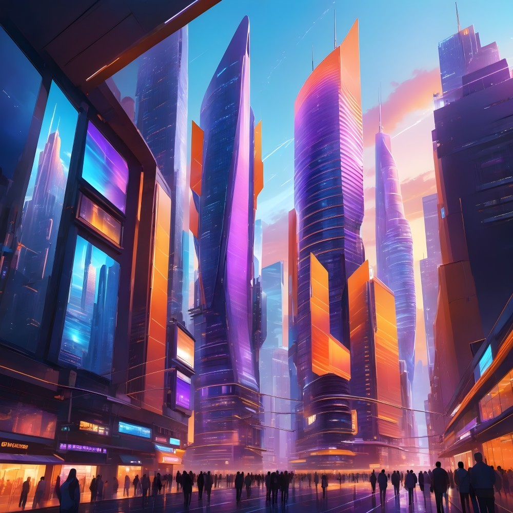 Futuristic cityscape with colorful skyscrapers at twilight