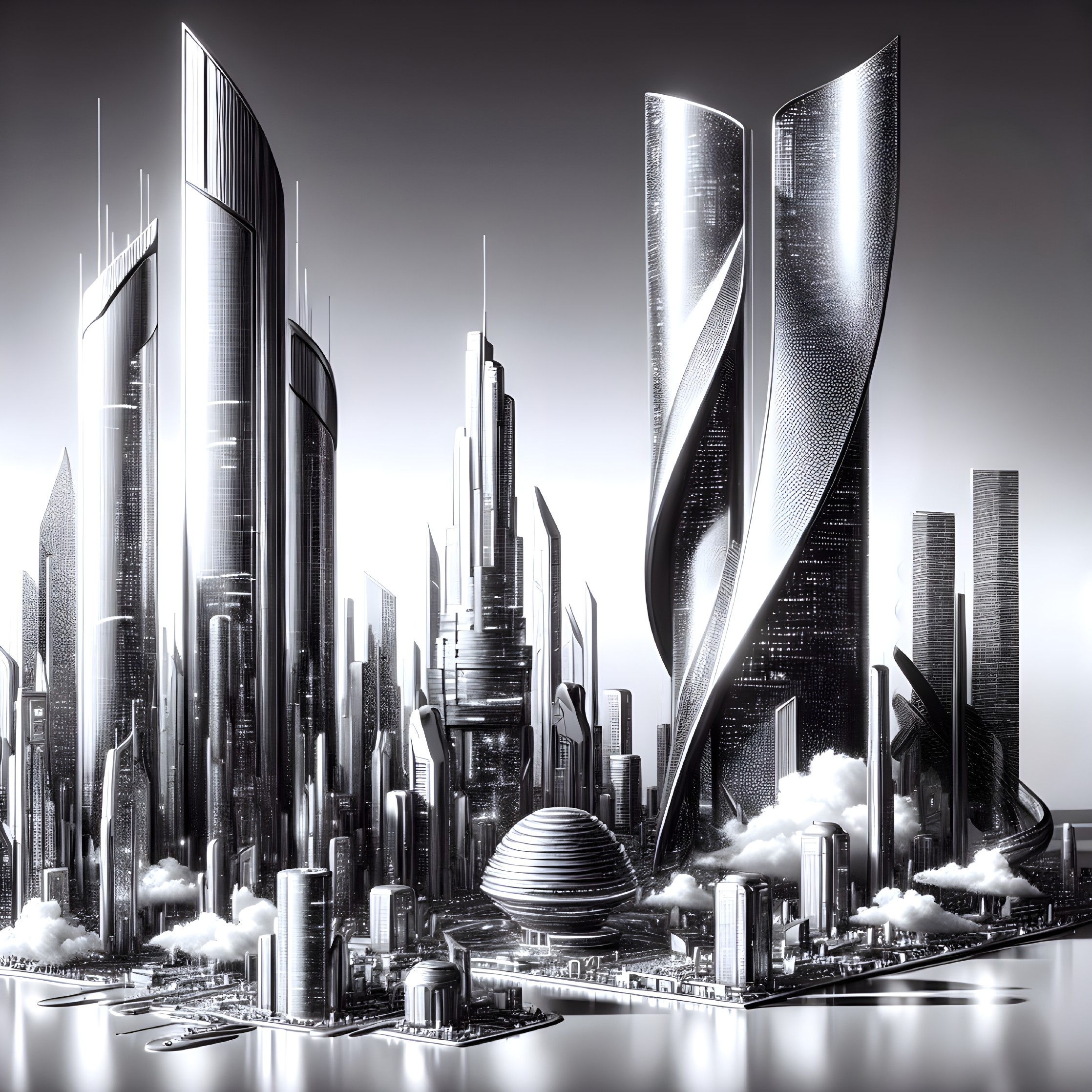 Futuristic cityscape with sleek skyscrapers and dome