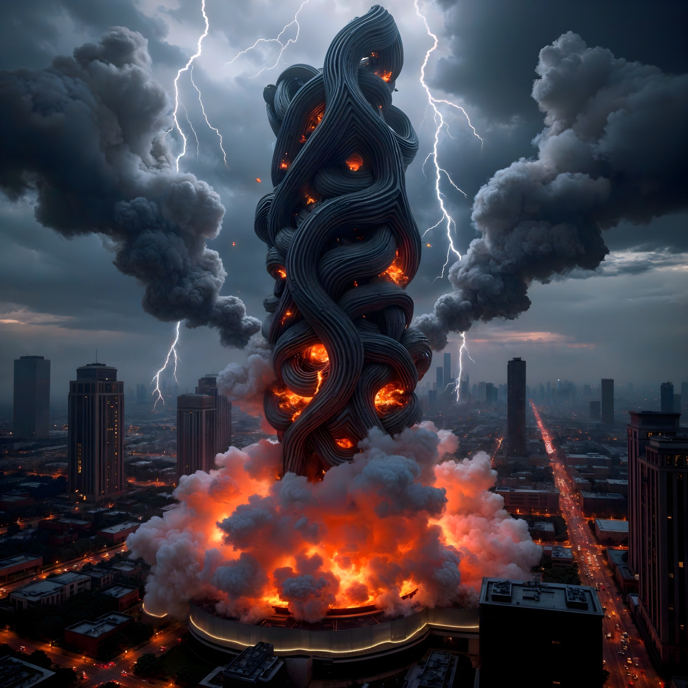 Abstract Structure Amid Stormy Sky and Flames