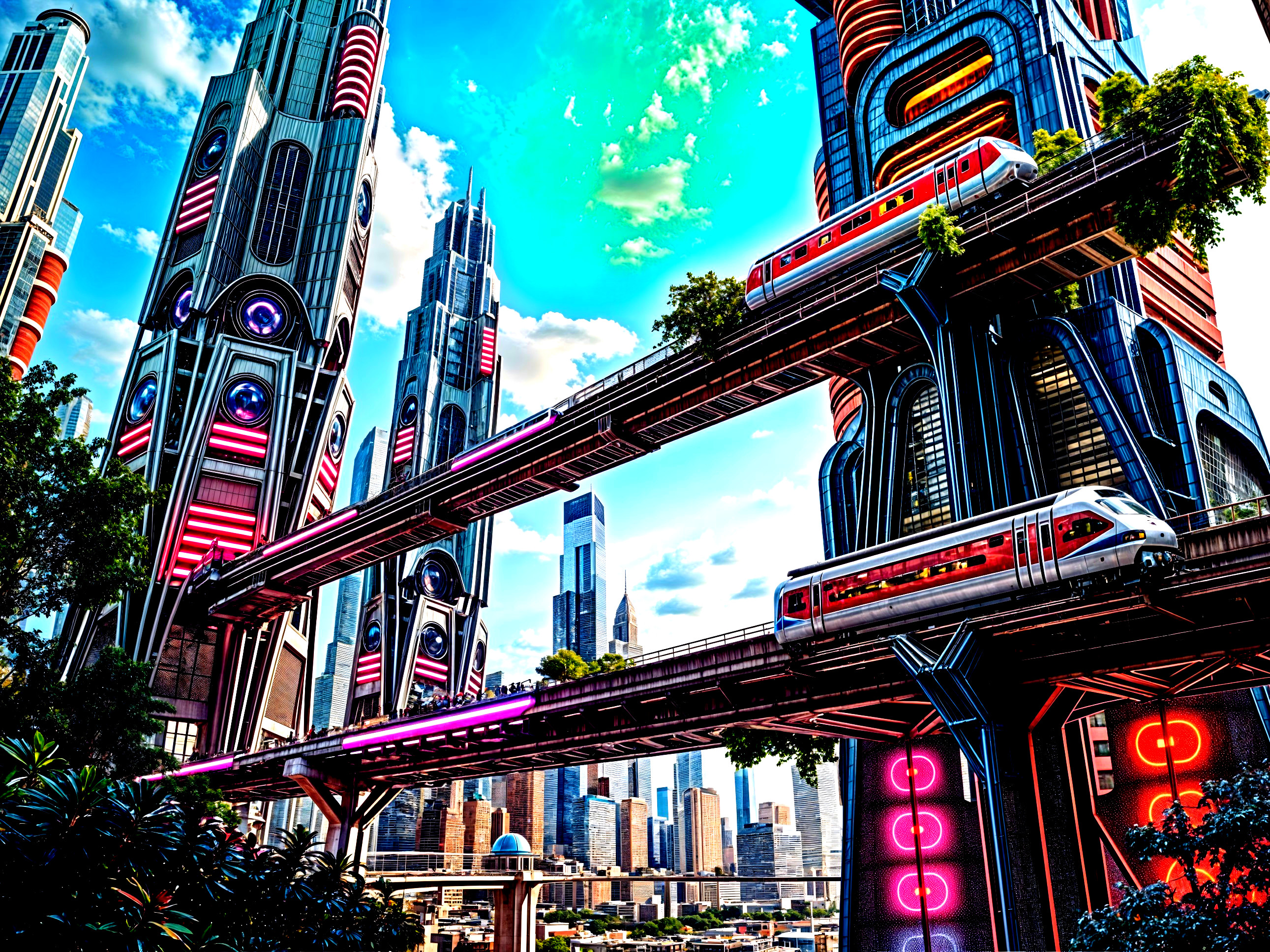 Futuristic cityscape with neon lights and greenery