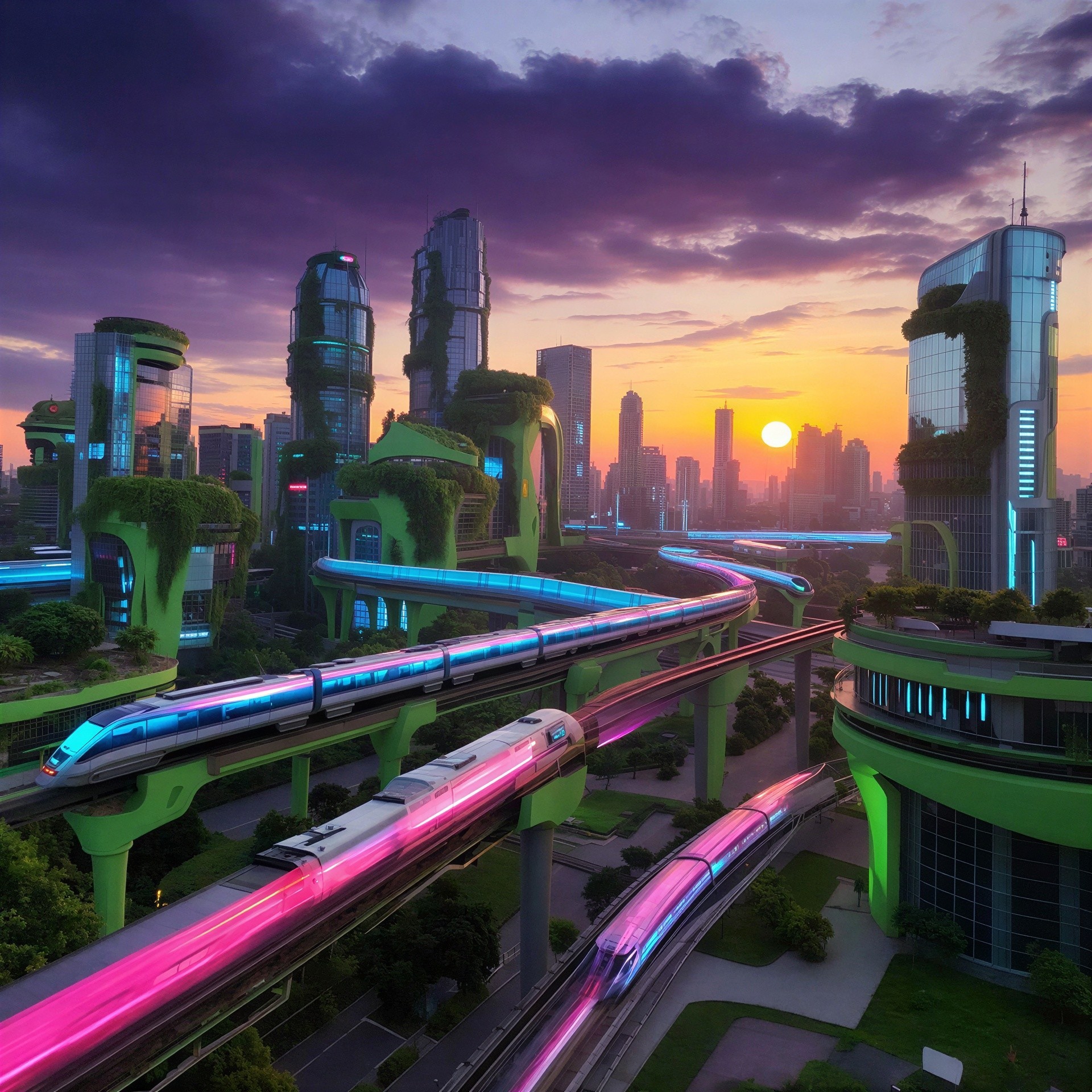 Futuristic Cityscape at Sunset with Modern Architecture