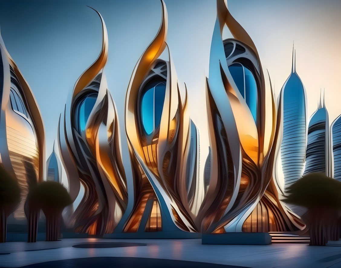 Futuristic Architecture with Flowing Flame-Like Structures