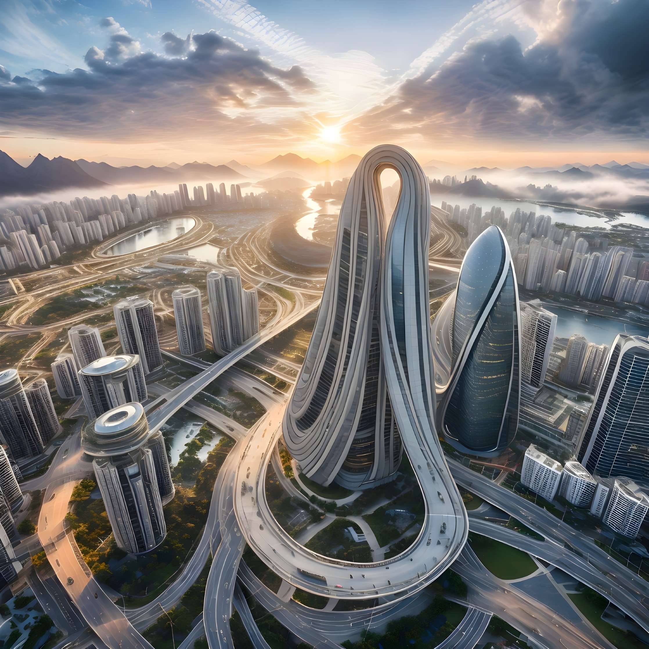Aerial View of Futuristic Cityscape at Sunrise