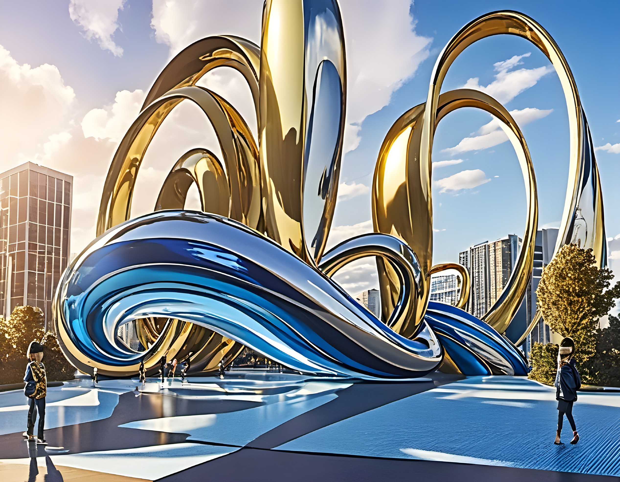 Modern sculpture in urban plaza with metallic forms
