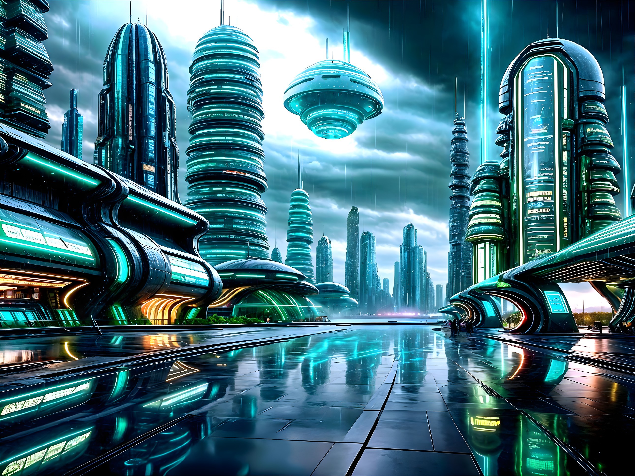 Futuristic Dystopian City with Neon Lights and Rain