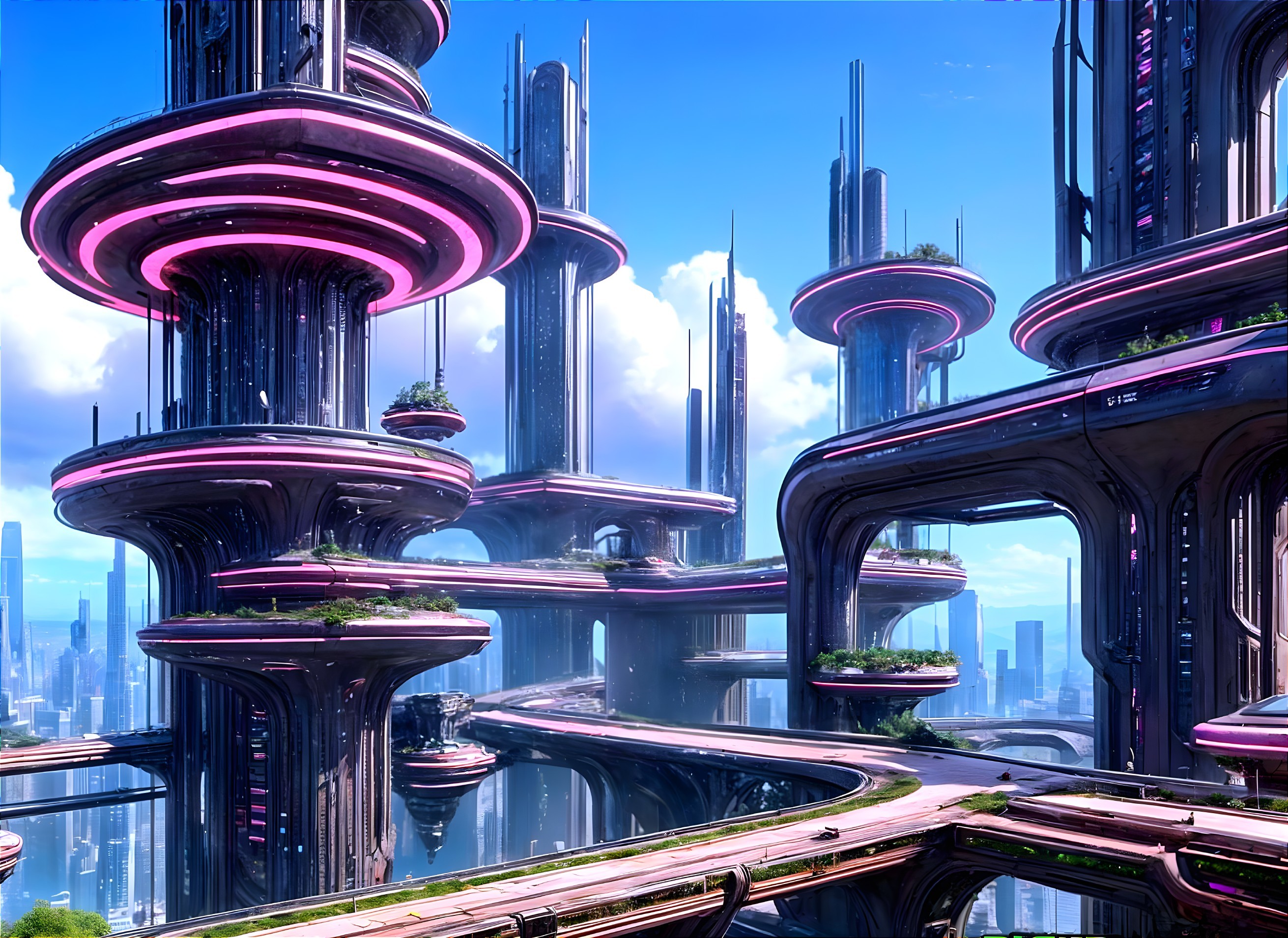Futuristic cityscape with multi-tiered structures and greenery