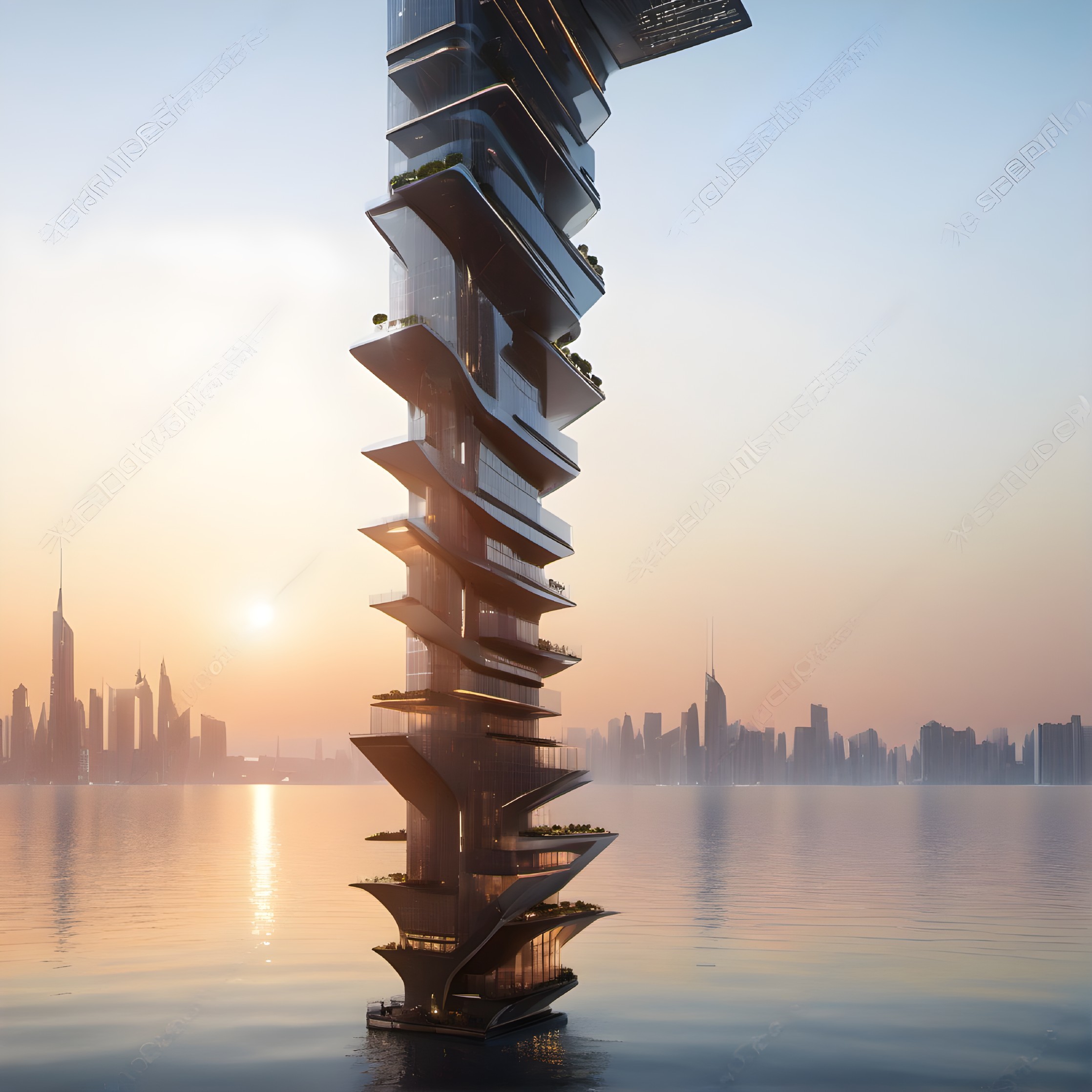 Modern Skyscraper with Spiral Design by Water